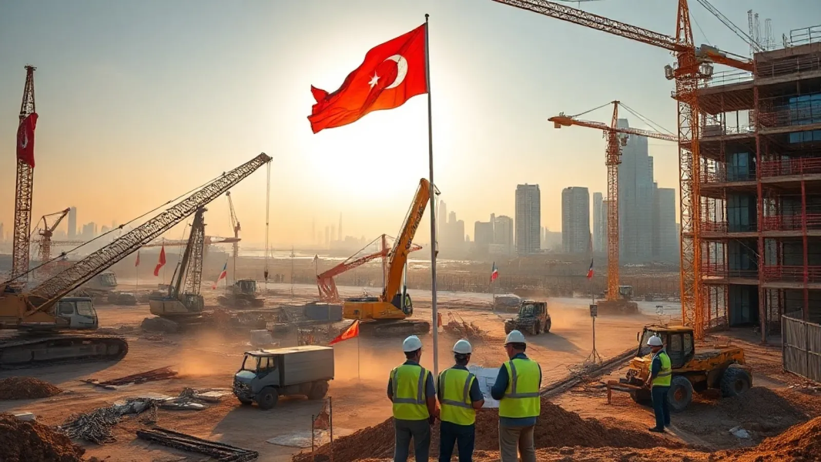 Turkish construction workers operate heavy machinery on a large-scale infrastructure project site in an international locatio