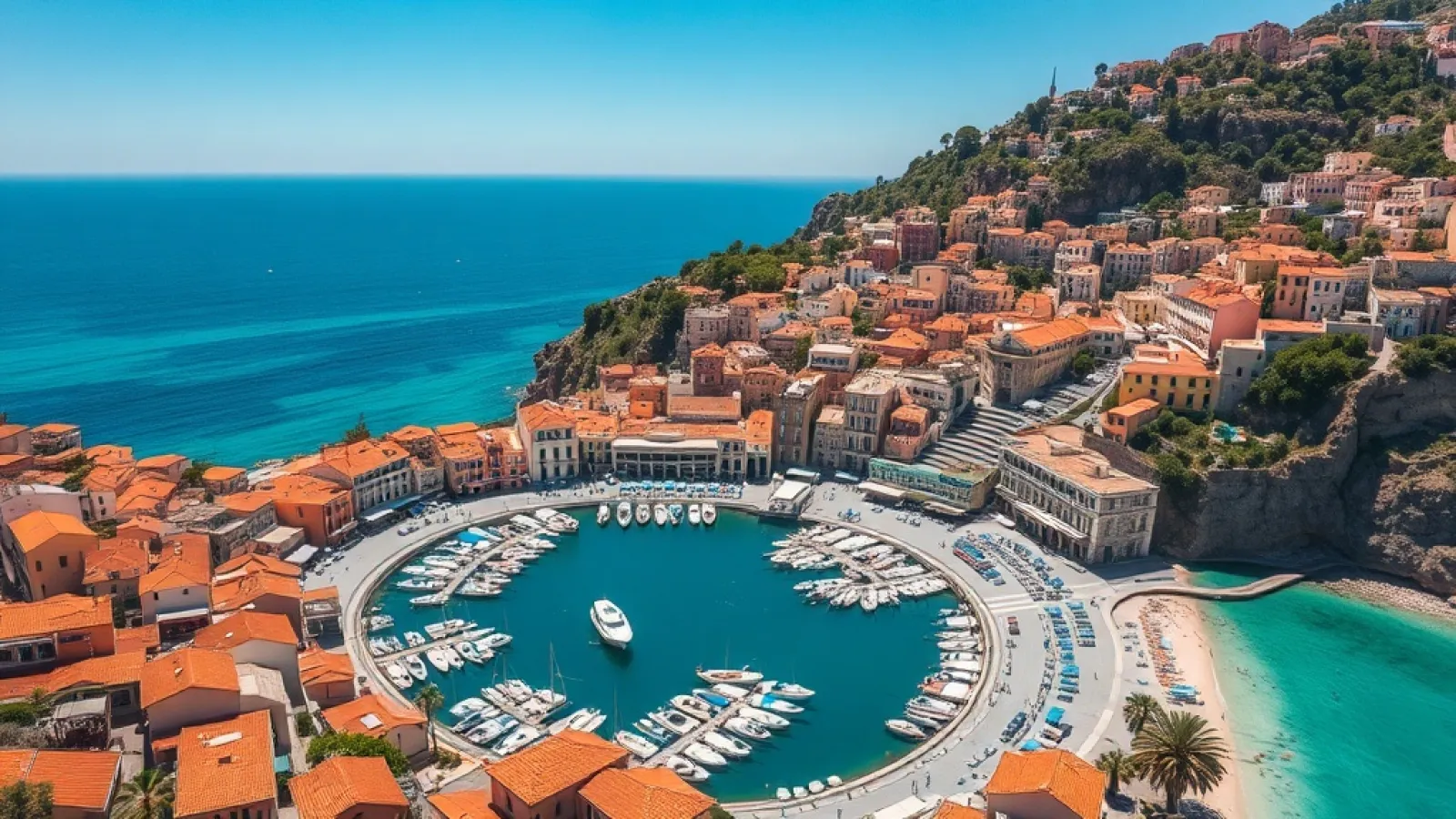 Turkish coastline with tourists enjoying Mediterranean beaches and historic architecture in a popular seaside resort town.