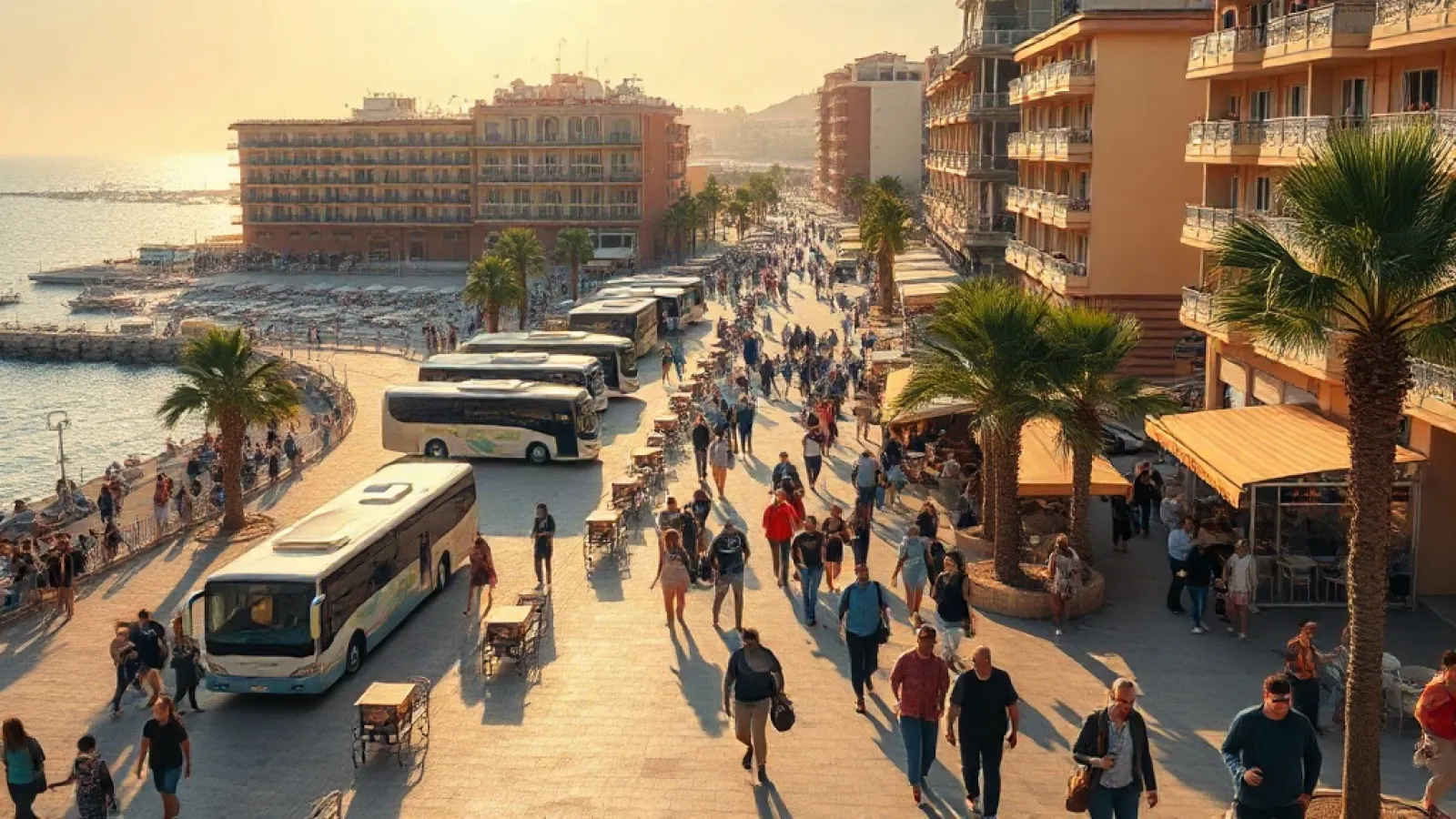 Turkish tourists enjoy a seaside resort overlooking the Mediterranean coast during peak summer travel season.