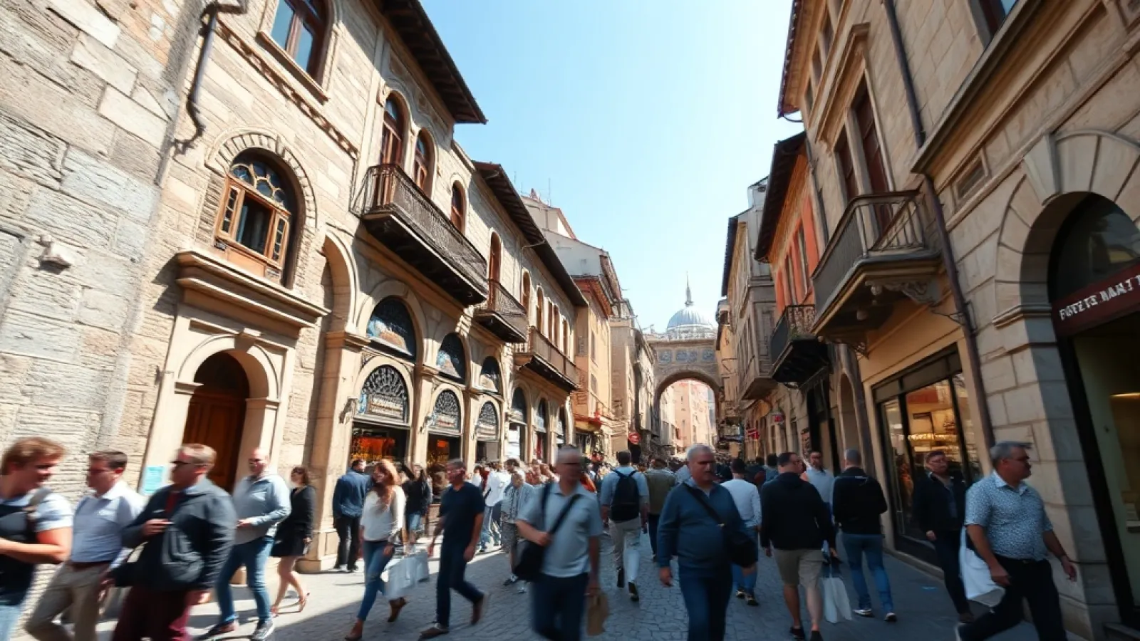 Crowded Istanbul street bazaar filled with international tourists shopping and exploring traditional Turkish architecture.