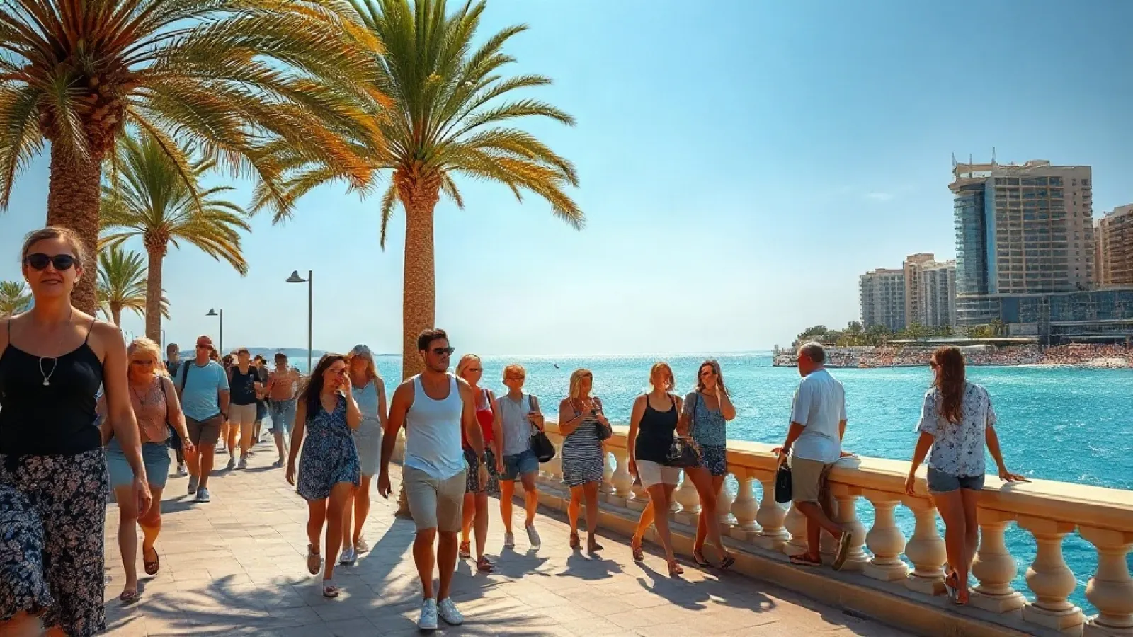 Turkish coastal resort town with tourists enjoying Mediterranean beaches and historic architecture.