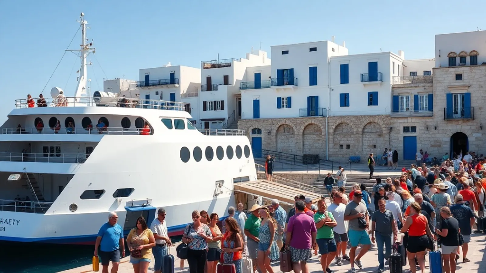 Turkish tourists walk along a scenic waterfront promenade on a Greek Aegean island with whitewashed buildings.
