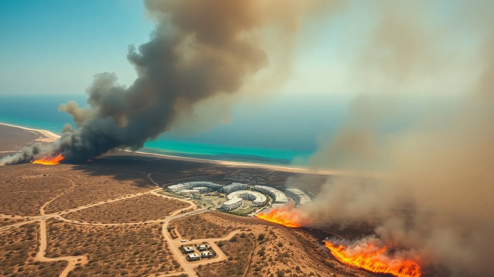 Massive wildfire engulfs forested hillside in southern Türkiye with thick orange flames and smoke billowing into the sky.