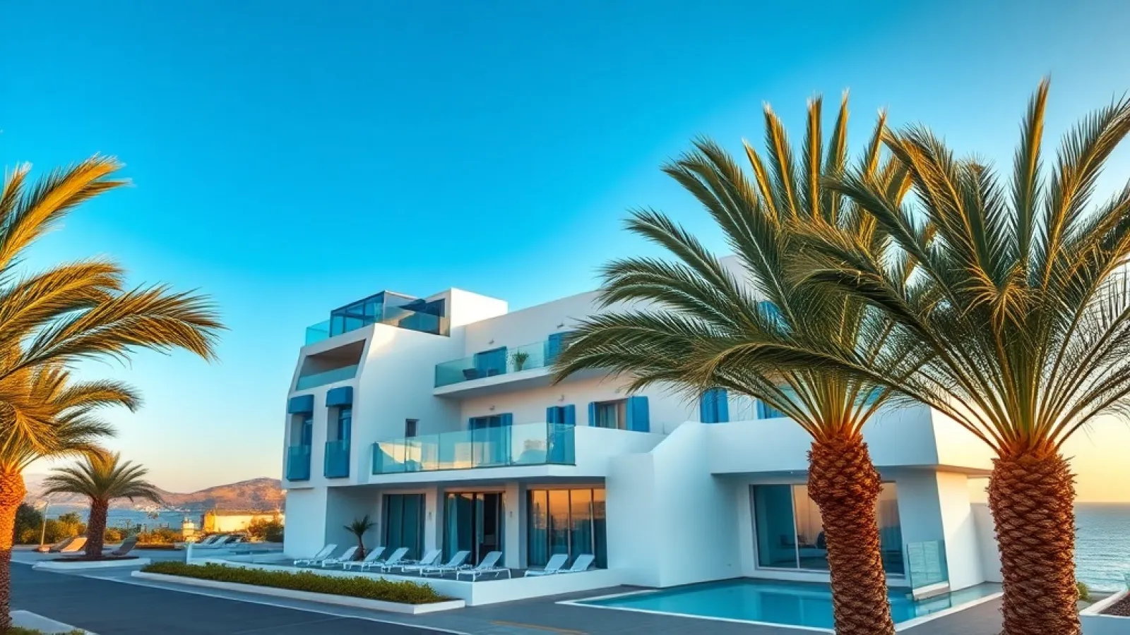 A modern 4-star TRYP hotel with white architecture overlooks the Mediterranean Sea in Didim's Altınkum beachfront district.