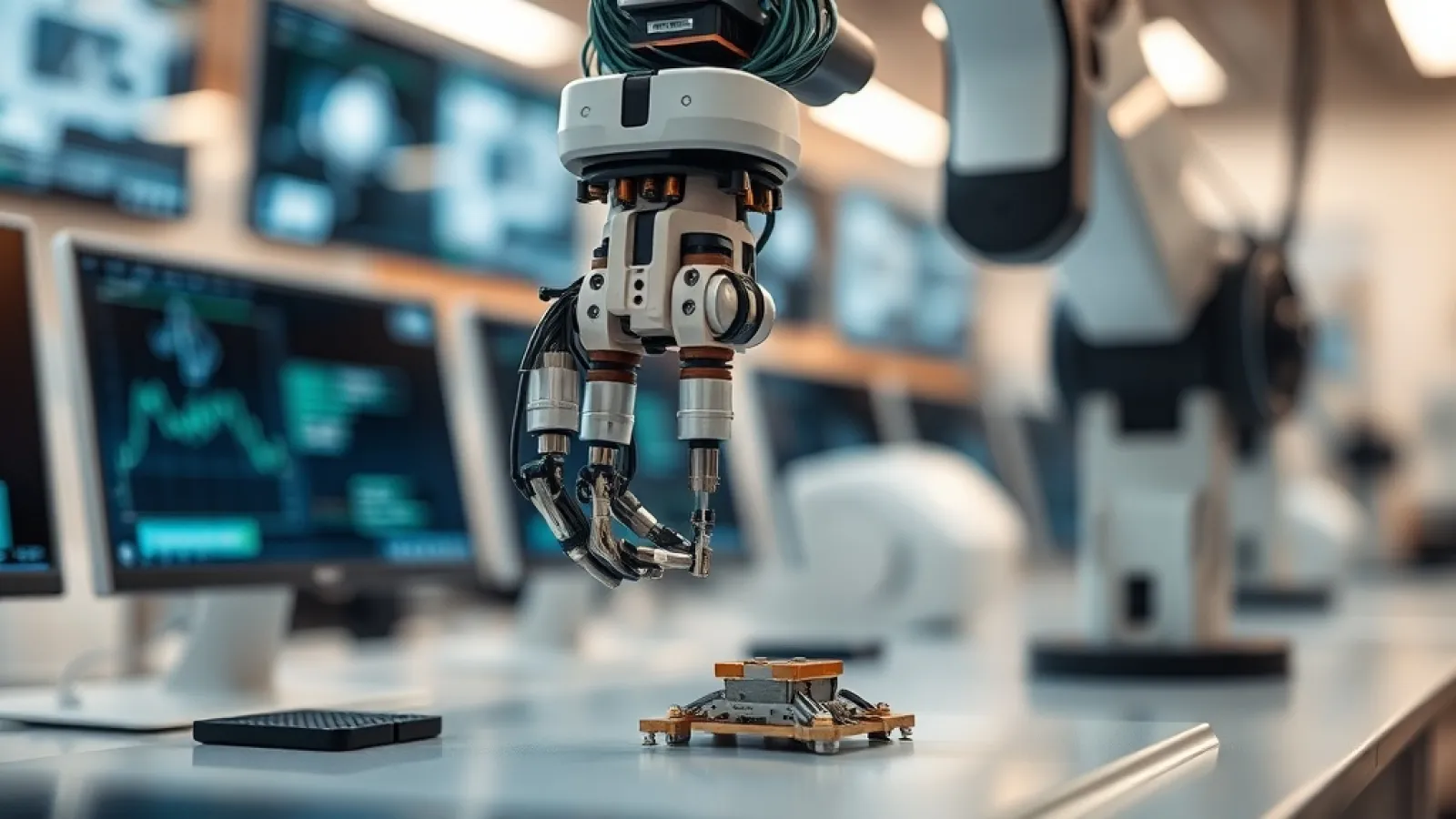 Robotik teknoloji geliştiren bir startup'ın ofisinde, gelişmiş yapay zeka sistemleriyle kontrol edilen robotik kollar ve oton