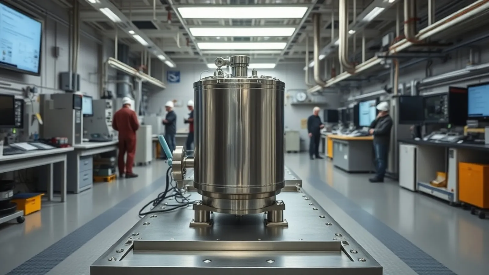 Antares şirketinin modüler nükleer reaktör teknolojisini temsil eden modern tesislerin veya reaktör prototipinin görsel göste