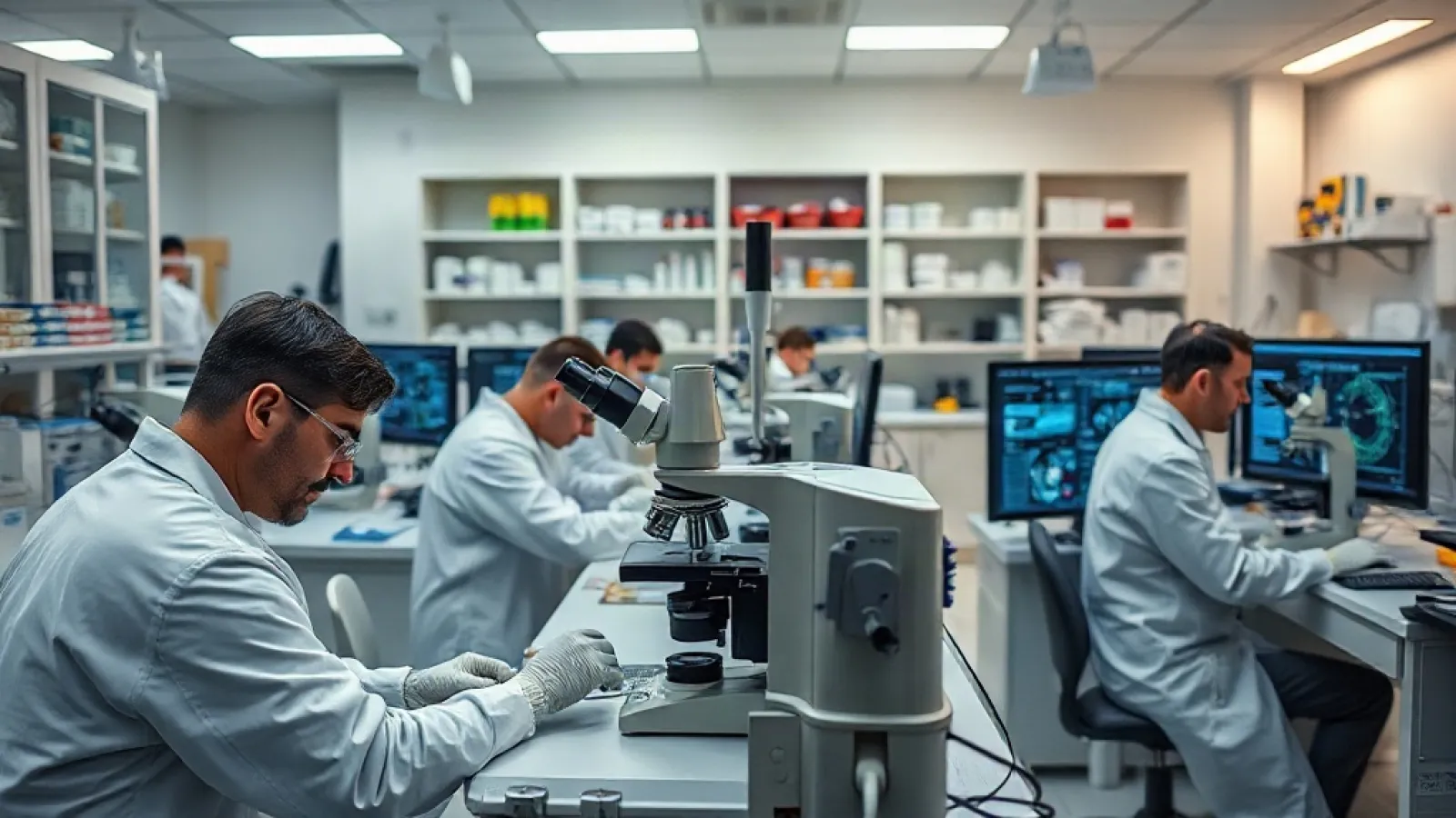 Bilim insanları tarafından kullanılan bilgisayarlar ve araştırma verilerinin gösterildiği bir laboratuvar ortamı.