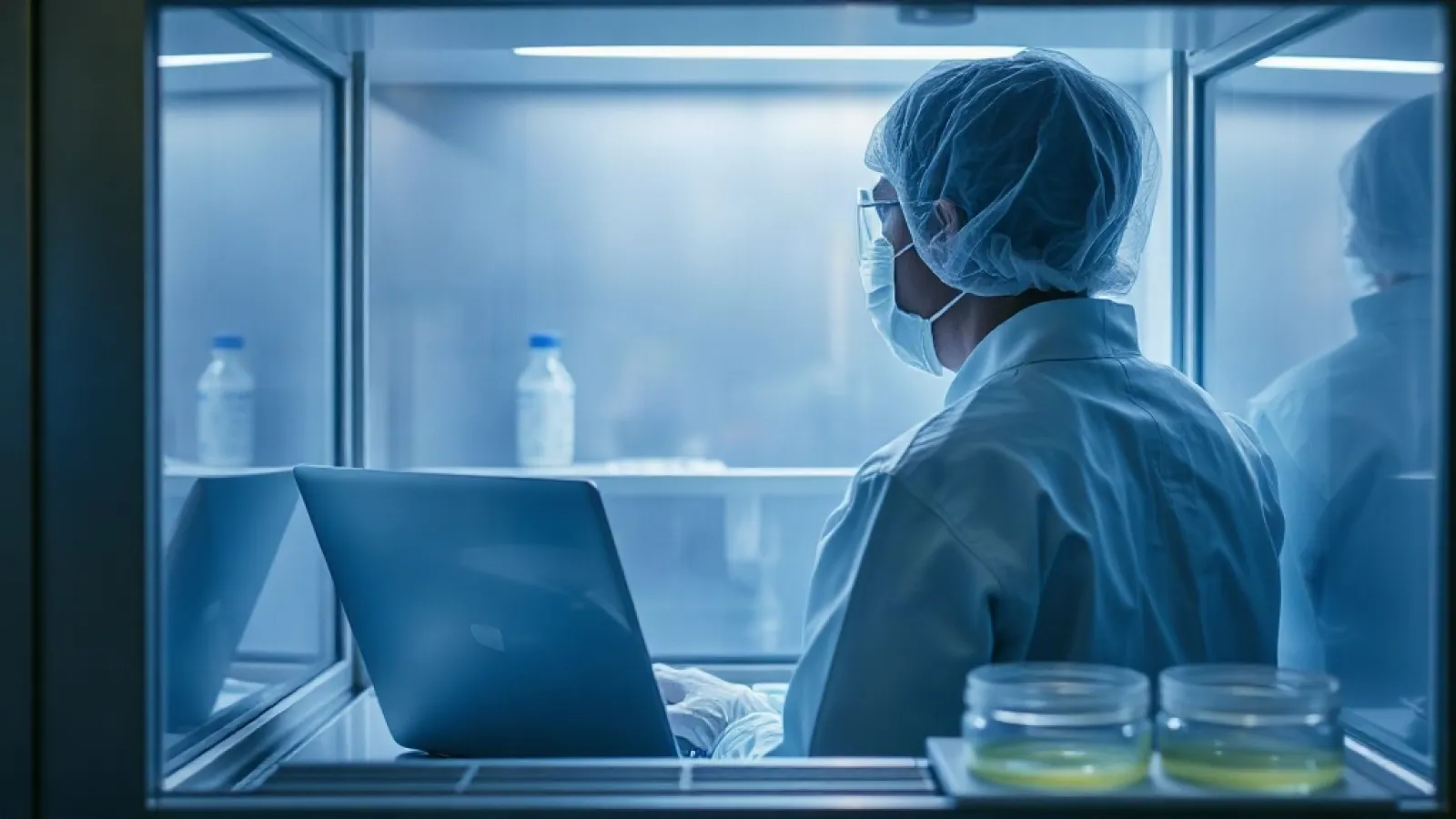 Laboratuvar ortamında tehlikeli biyolojik patojenlerin ve virüslerin yapısal modellerinin veya formüllerinin gösterildiği bil