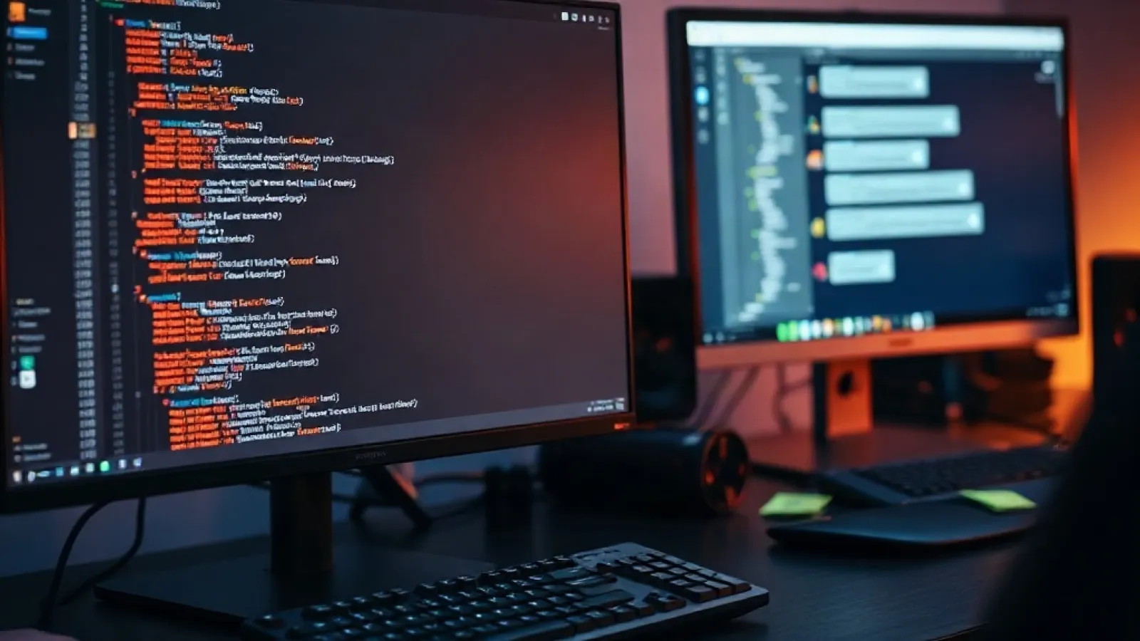 Bir geliştirici bilgisayarının önünde kod yazarken, ekranda pull request ve kod inceleme göstergeleri görülüyor.
