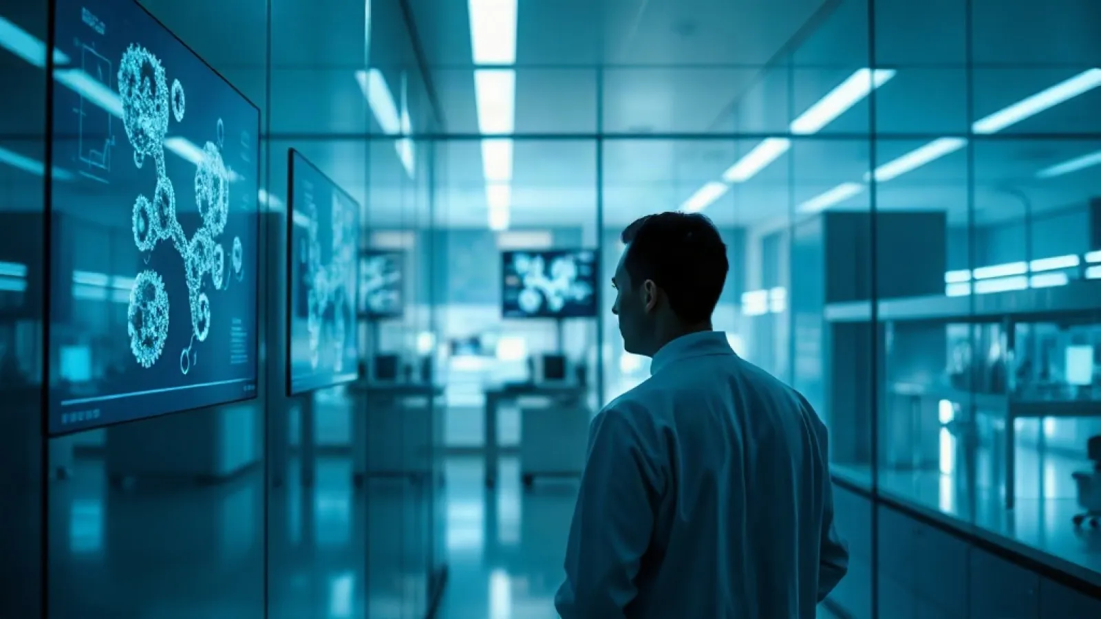 Bilgisayar ekranında DNA sarmalı, moleküler yapılar ve biyolojik veri analizi görselleri gösteren modern laboratuvar ortamı.