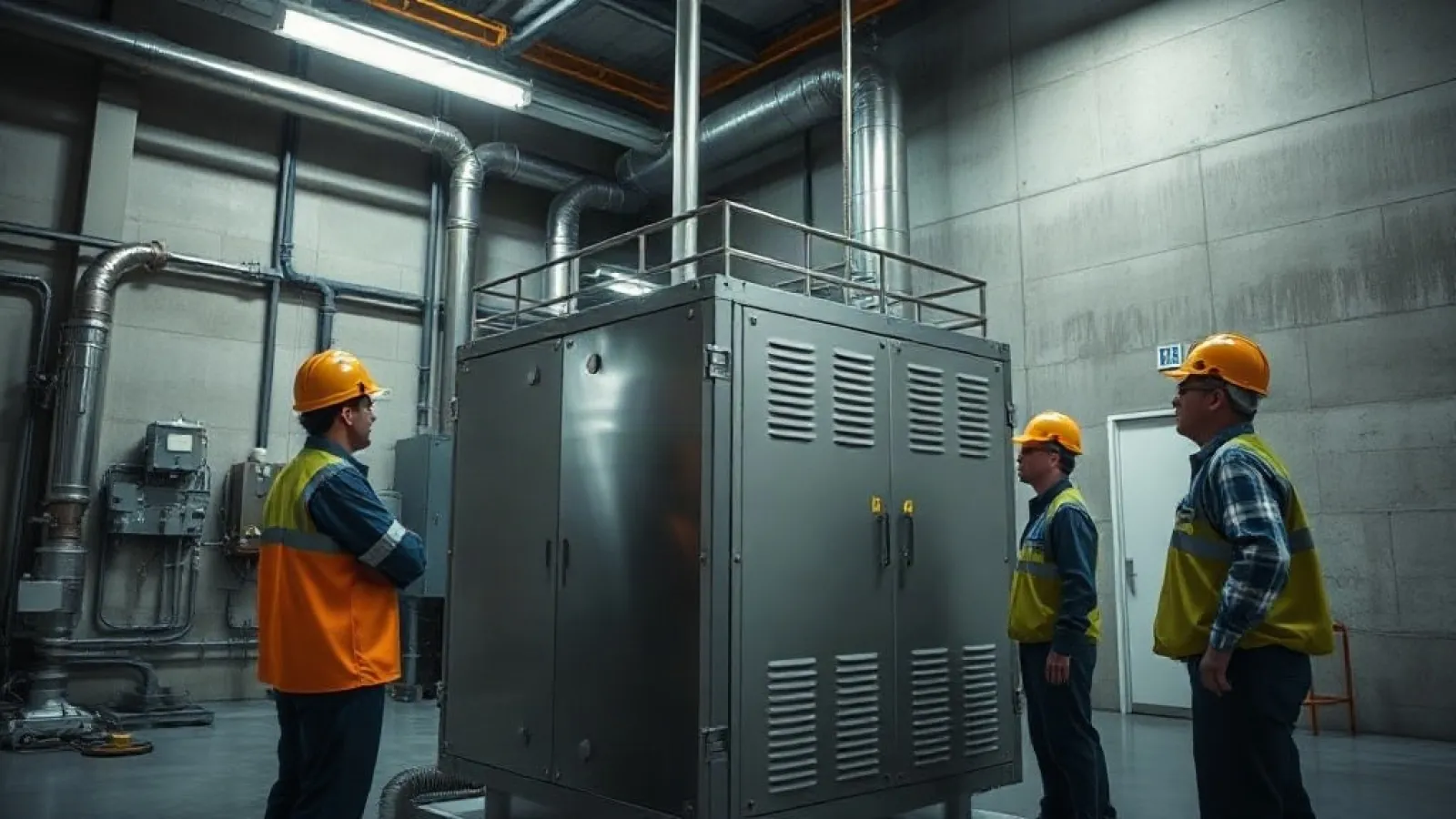 Kompakt nükleer reaktör prototipi veya teknoloji tasarımı gösteren mühendislik laboratuvarı ortamı.