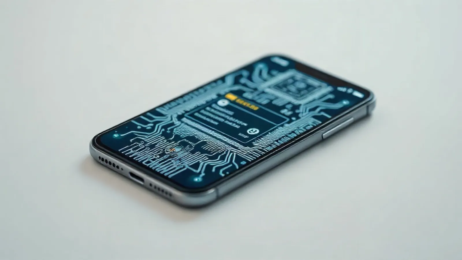 Apple'ın yeni 2 nm A20 Pro çipinin teknik şemasını veya mikroskobik görüntüsünü gösteren, ileri teknoloji ve inovasyonu sembo