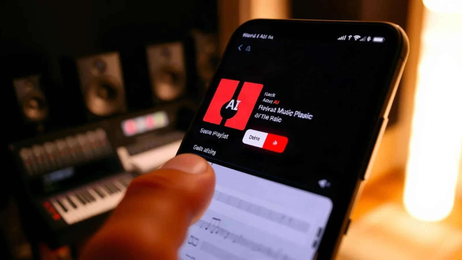 ARIA logosu ve yapay zeka sembollerinin yanında, müzik listesinden çıkarılan dijital şarkı dosyalarının silinmesini gösteren