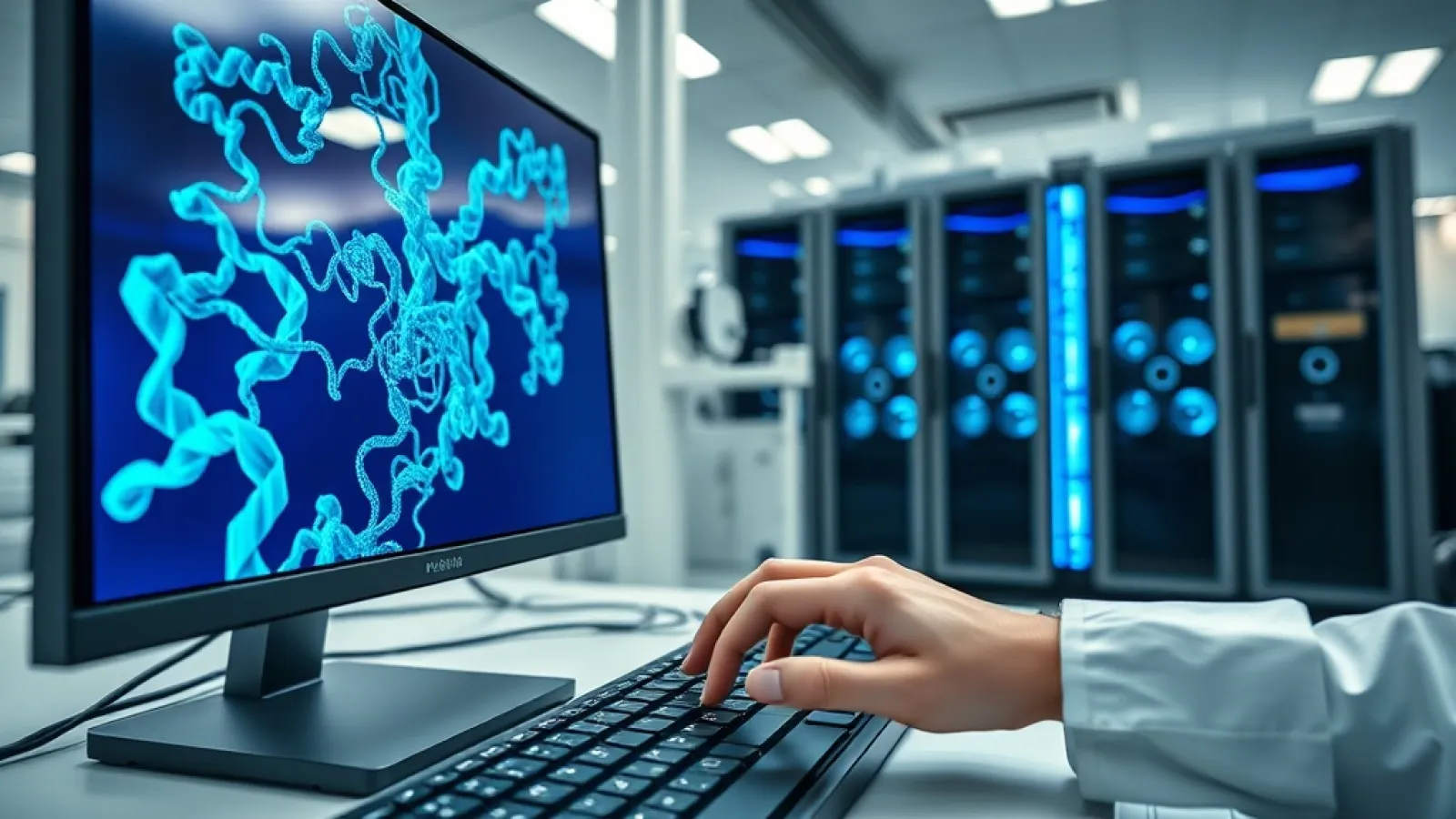 Bilgisayar ekranında protein moleküllerinin renkli 3D yapı modellerinin görüntülendiği laboratuvar ortamı.
