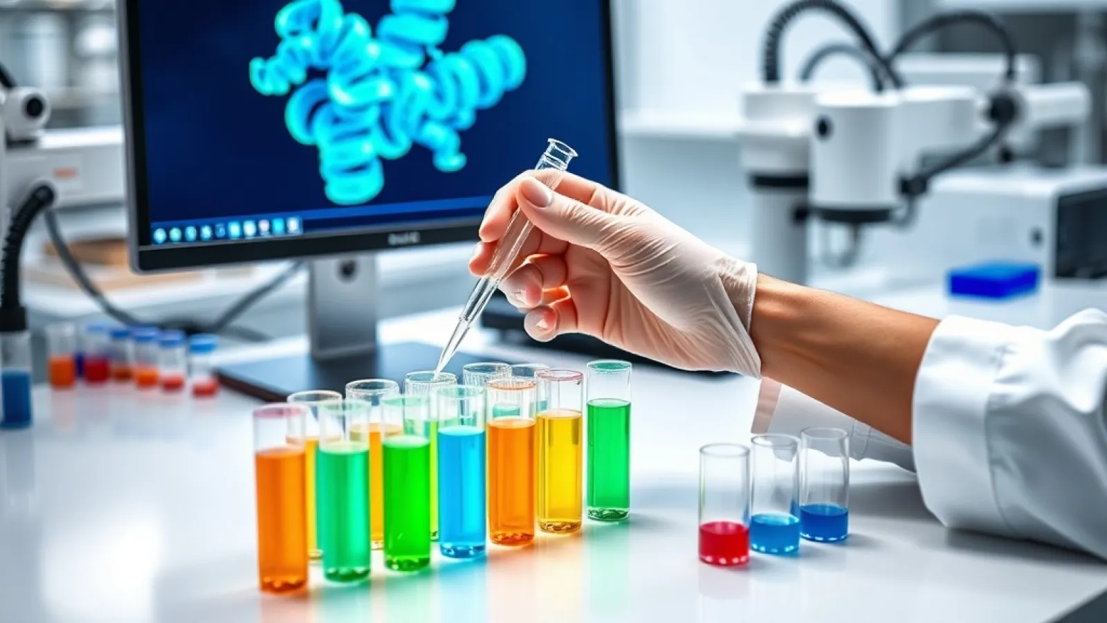 Bilgisayar ekranında moleküler yapıları analiz eden ve renkli protein modelleri gösteren bir araştırma laboratuvarı sahnesi.