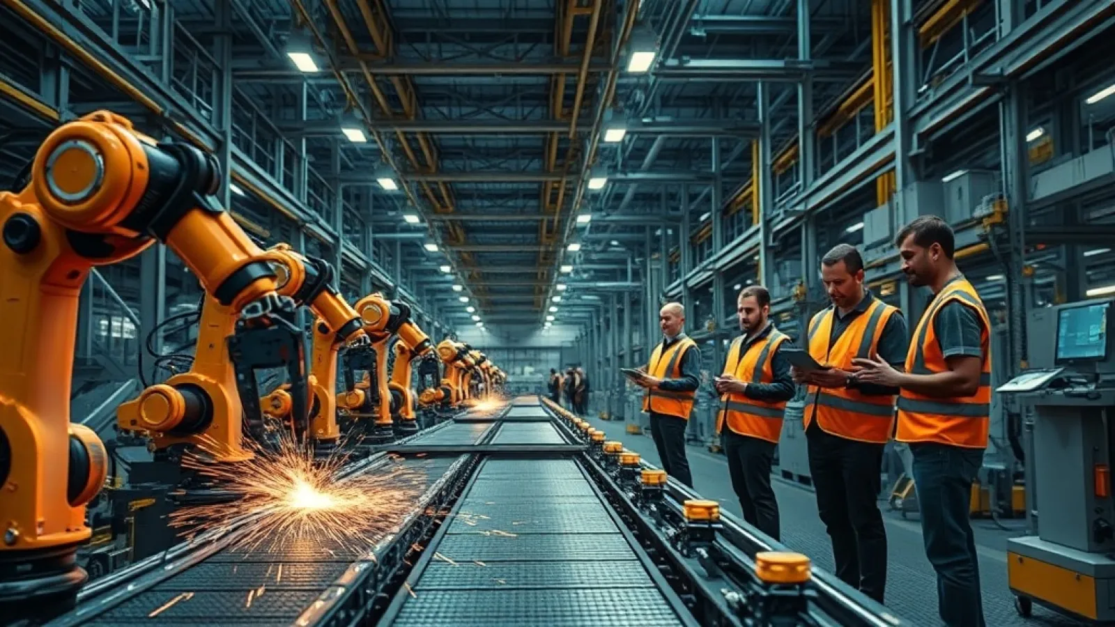 Fabrika ortamında çalışan insansı robotların veya otonom üretim sistemlerinin çalışmasını gösteren görsel.