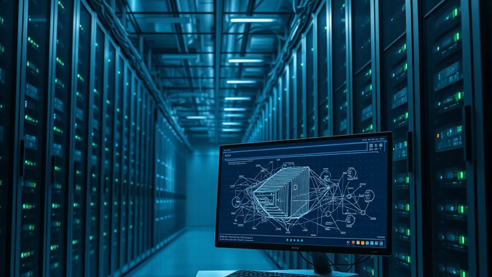 Bilgisayar ekranında dev yapay zeka modelinin teknik şemalarını ve parametreleri gösteren grafiklerin yer aldığı, modern yazı