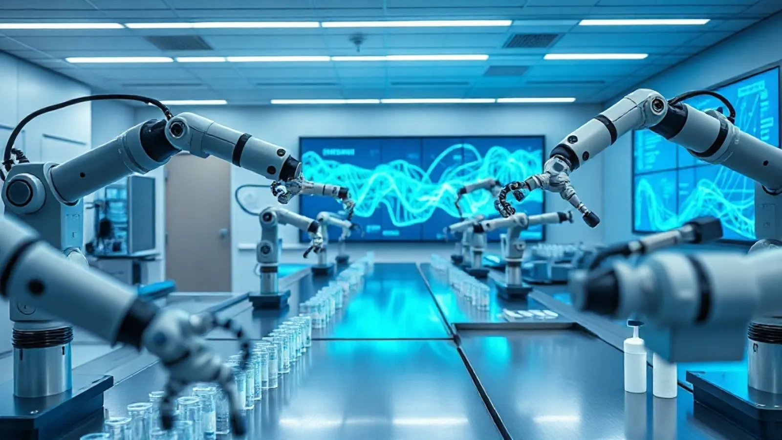 Robotik kollar ve yapay zeka sistemleriyle otomatik olarak deneyleri yürüten, insan çalışanı olmayan modern bir laboratuvar o