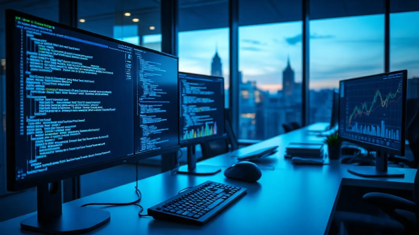 Cognition şirketinin ofisinde veya teknoloji merkezinde, AI kodlama aracı Devin'in ekran gösterimleri ve finansal grafikleri