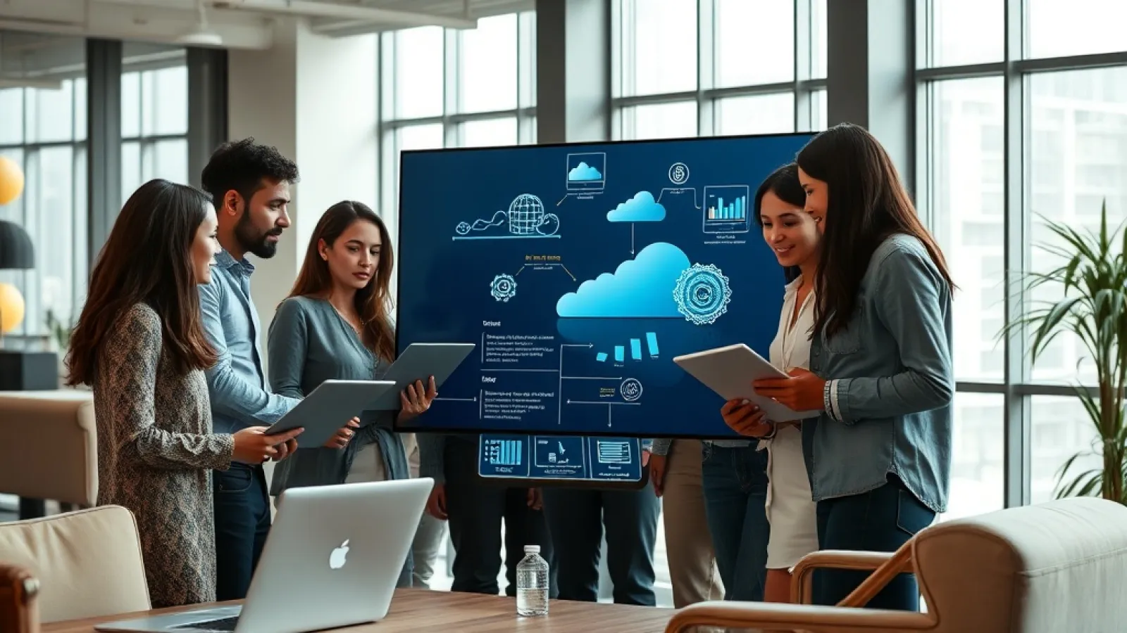 Google Gemini Enterprise arayüzünün ekran görüntüsü ve Cognizant ofislerinde çalışan profesyonellerin yapay zeka araçlarını k