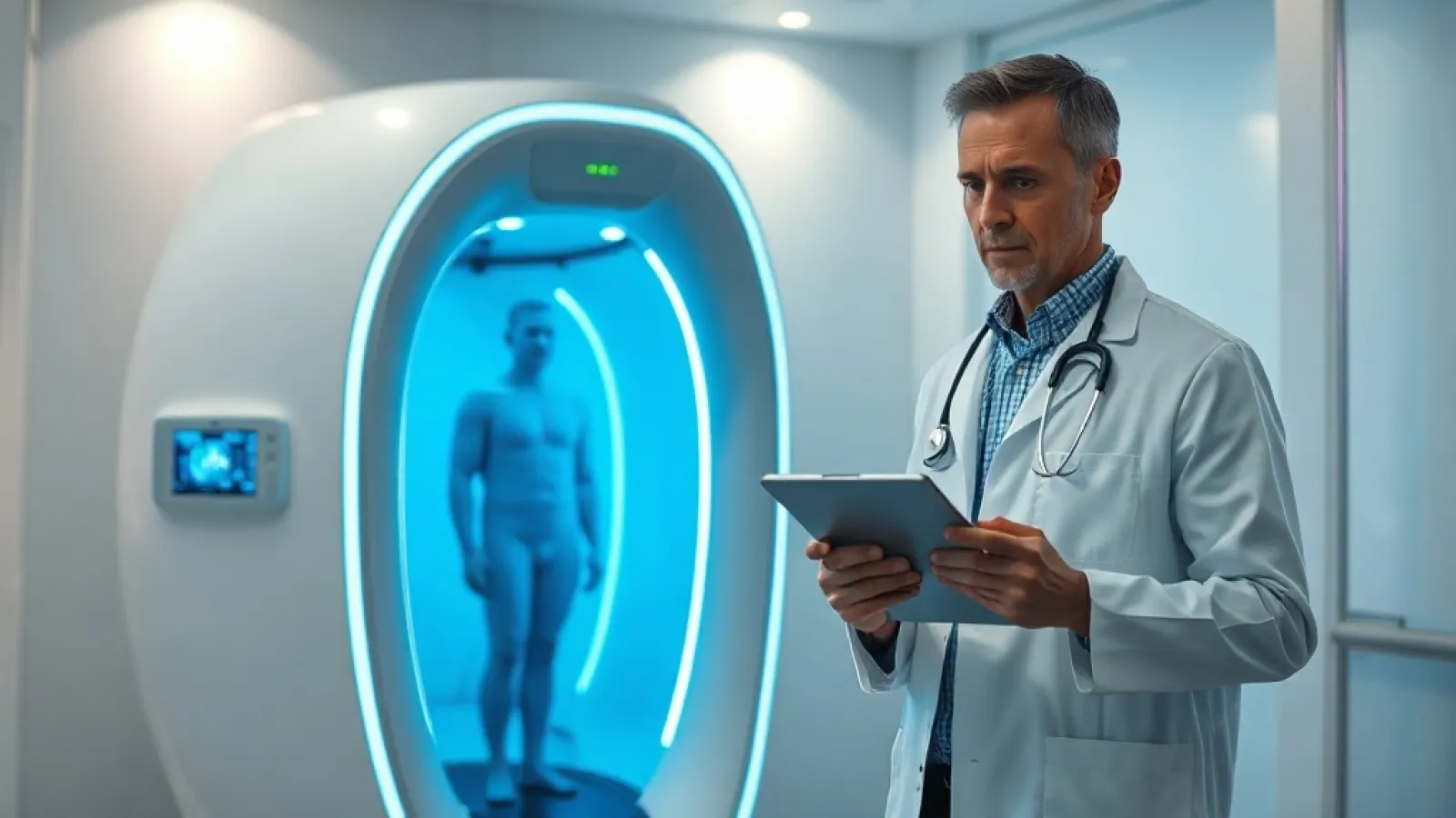 Neko Health'in modern tıbbi cihazleri ve teknolojileriyle donanmış, hastalarını muayene eden sağlık profesyonellerini göstere