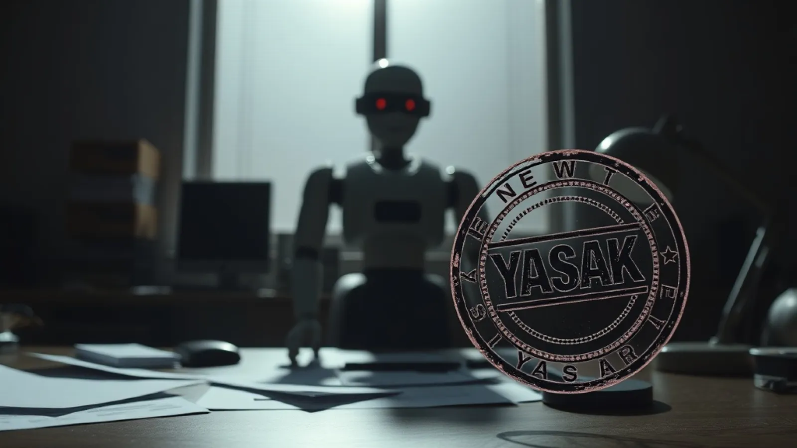 Çin yapımı insansı robotlar ve robotik köpeklerin ABD'de satış yasağını gösteren resmi duyuru veya protesto sahnesi.