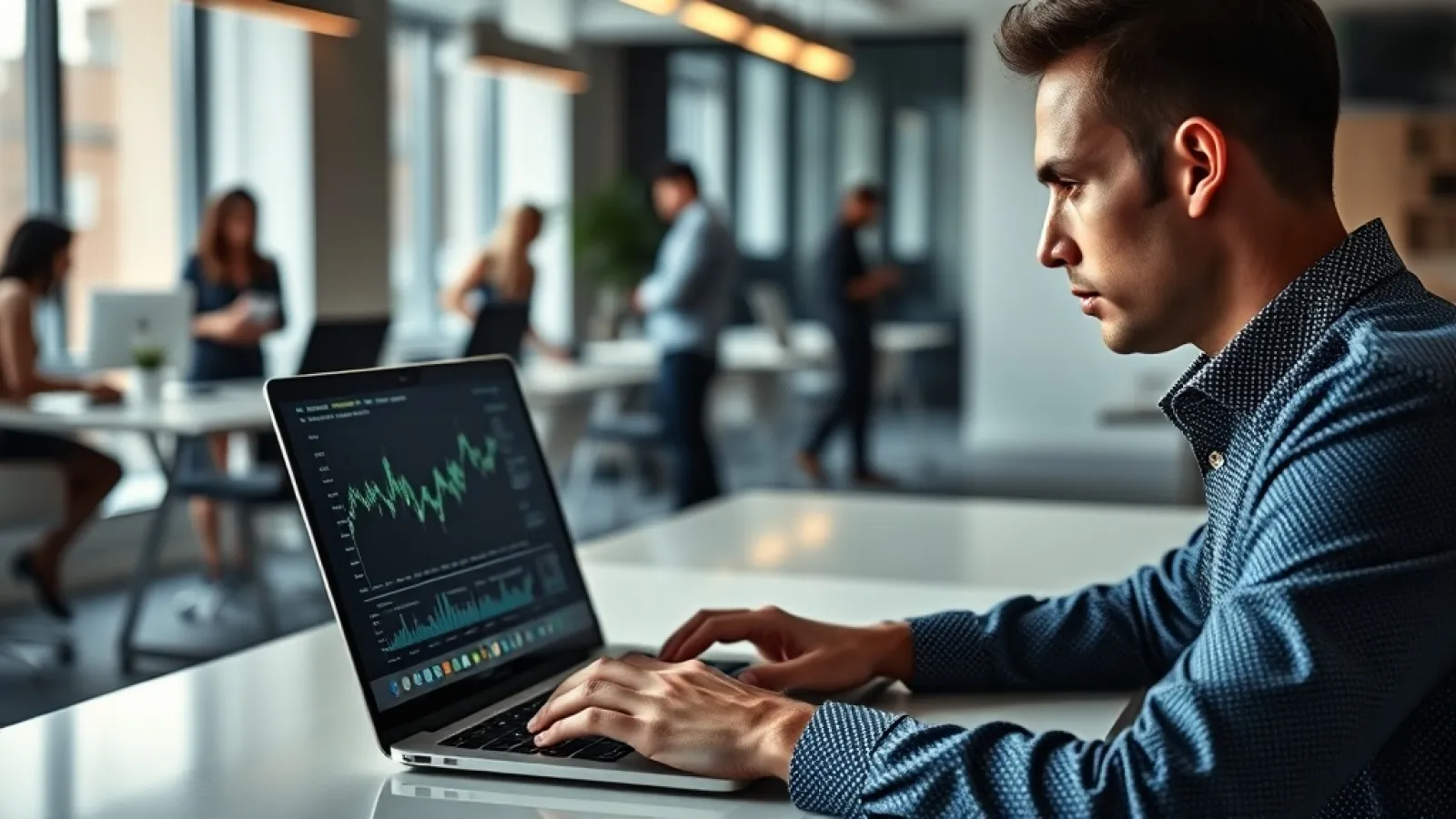 Bilgisayar ekranında yükselen grafik ve yapay zeka sembolleriyle fintech yatırımlarının artışını gösteren görsel.