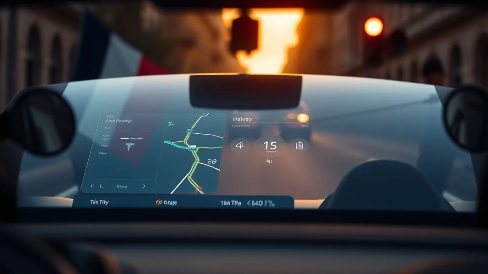 Fransa'nın yasaklama kararını sembolize eden kırmızı ışık önünde, Tesla'nın otonom araç teknolojisini temsil eden futuristik