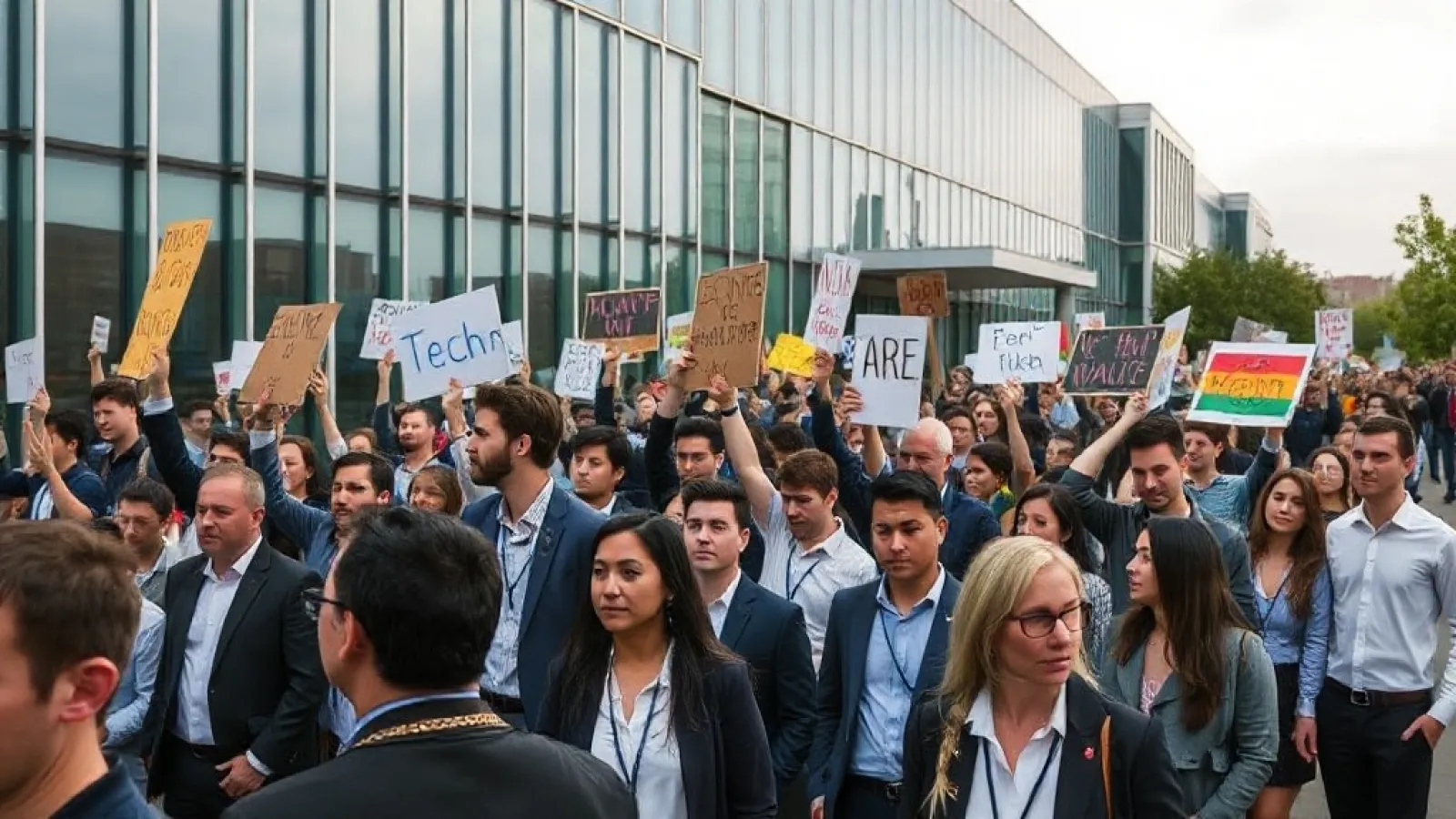 Google ofisinde protesto yapan çalışanlar ve işten çıkarmalara karşı imzalı dilekçe taşıyan kişiler.