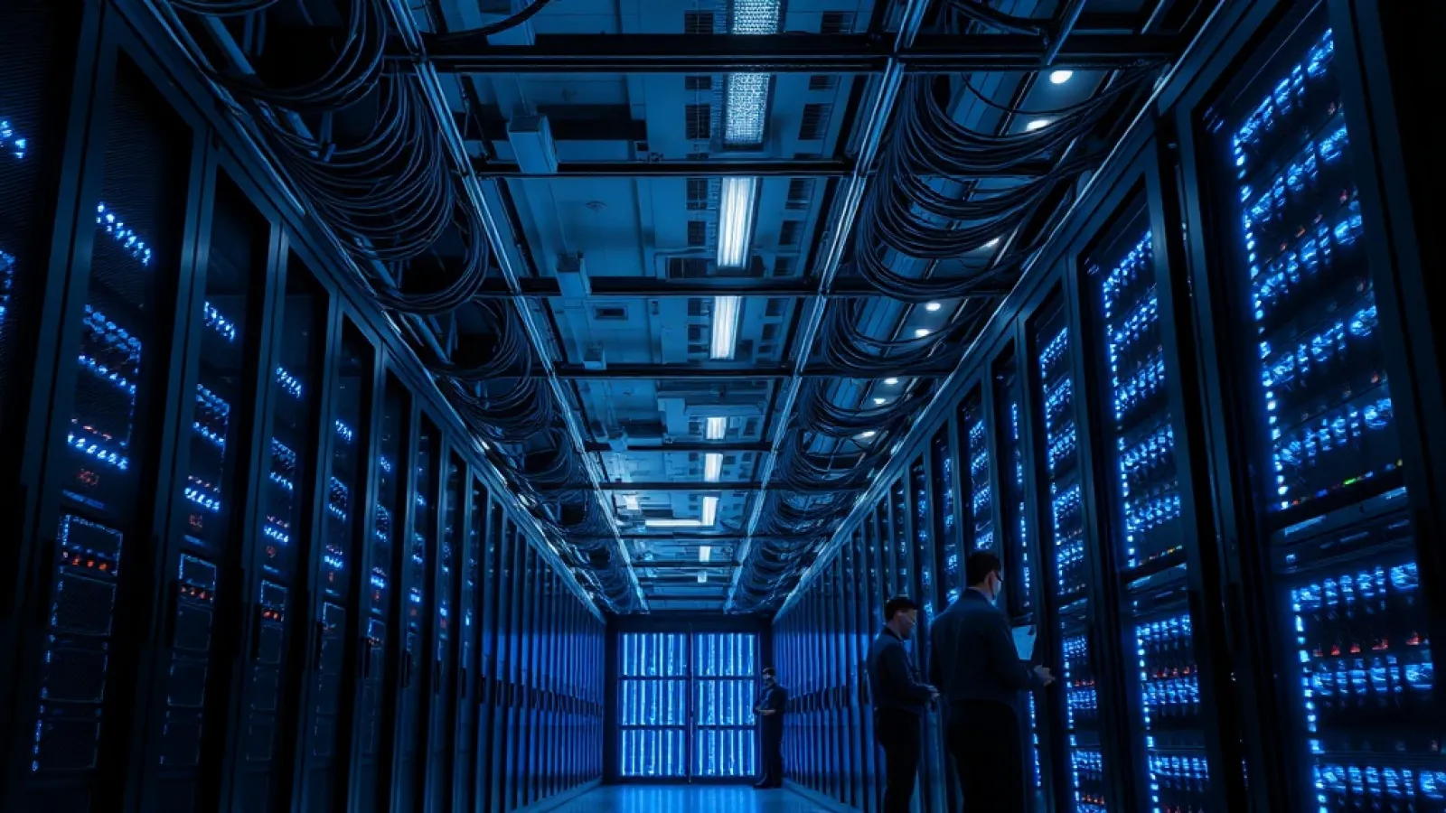 Google Cloud'un veri merkezlerinde yapay zeka çipi ve sunucularıyla çalışan mühendisleri ve teknik ekipleri gösteren modern t