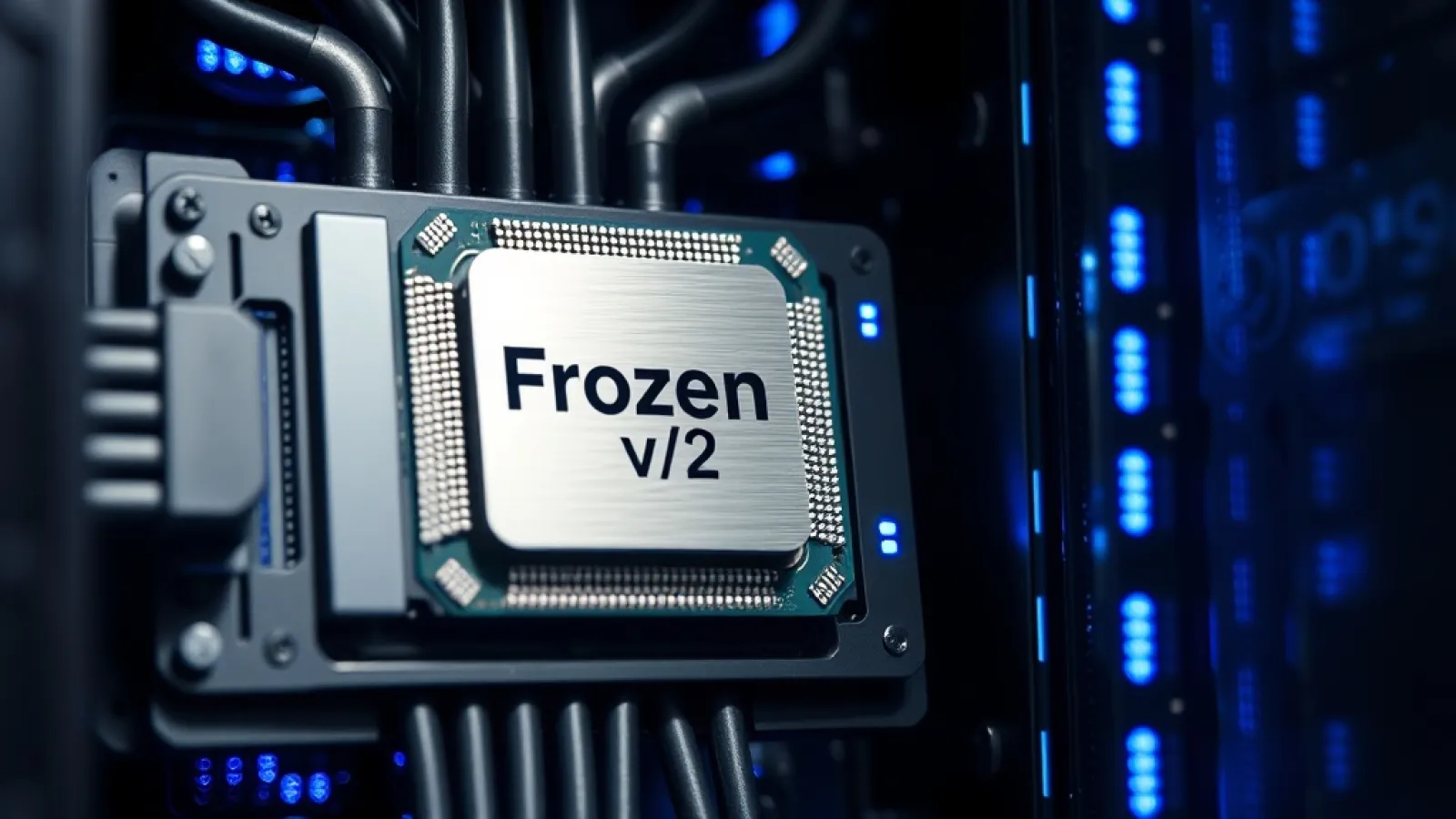 Yeni nesil AI çipi Frozen v2'nin teknik şematikleri, performans grafikleri ve enerji verimliliği karşılaştırma görselleri.