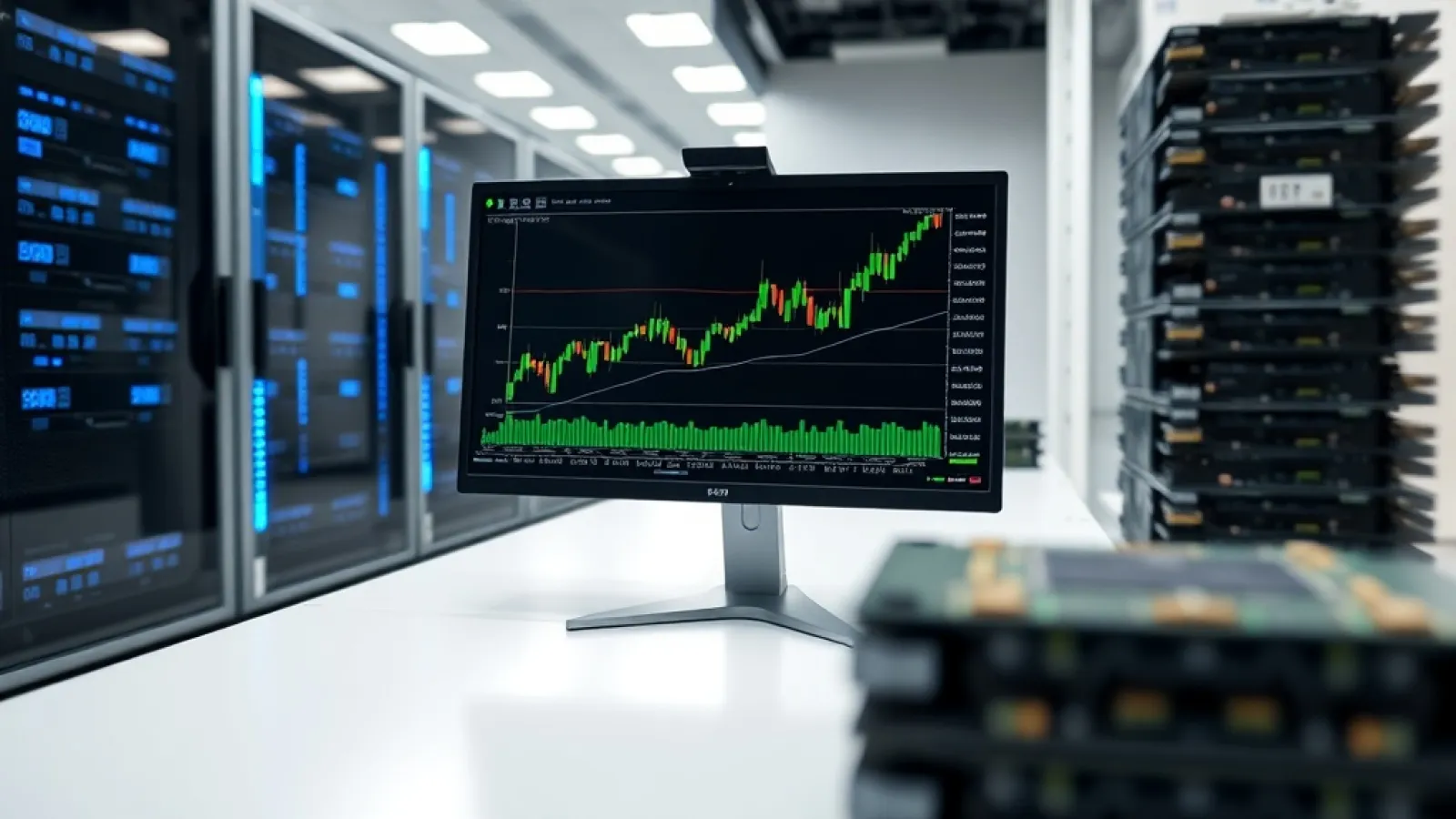 Google'ın veri merkezlerinde yapay zeka sunucuları ve GPU'lar kurulurken, artan maliyetleri gösteren finansal grafikler.