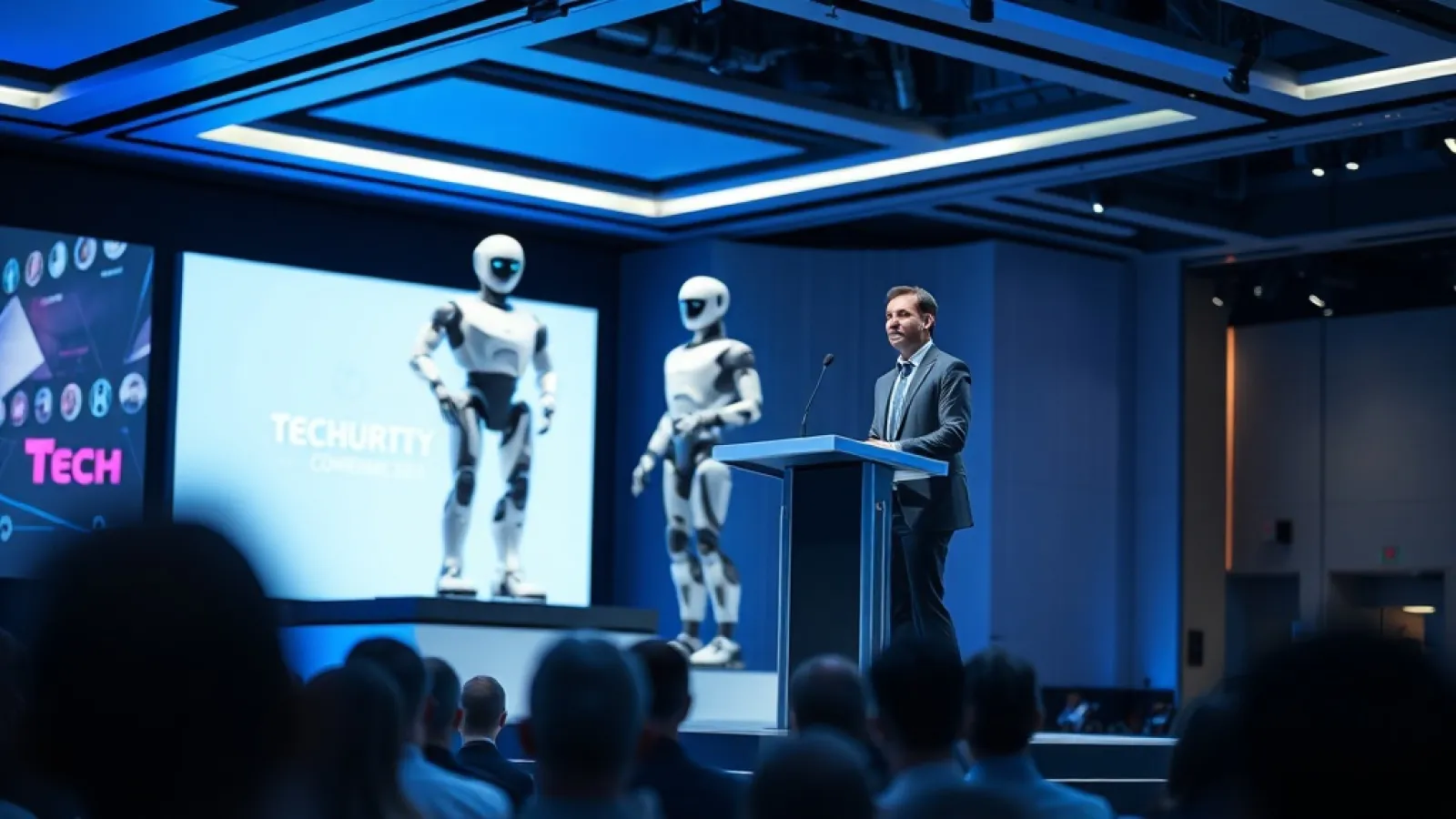 Hyundai'nin insansı robotlar ve otonom sistemleri gösteren futuristik bir teknoloji sunumu görseli.