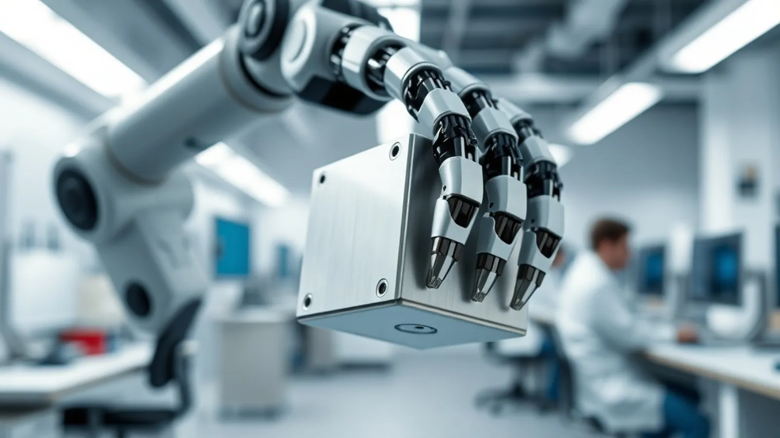 Enigma şirketinin AI robotlarını gösteren, teknoloji ve inovasyon vurgulayan futuristik bir görsel.
