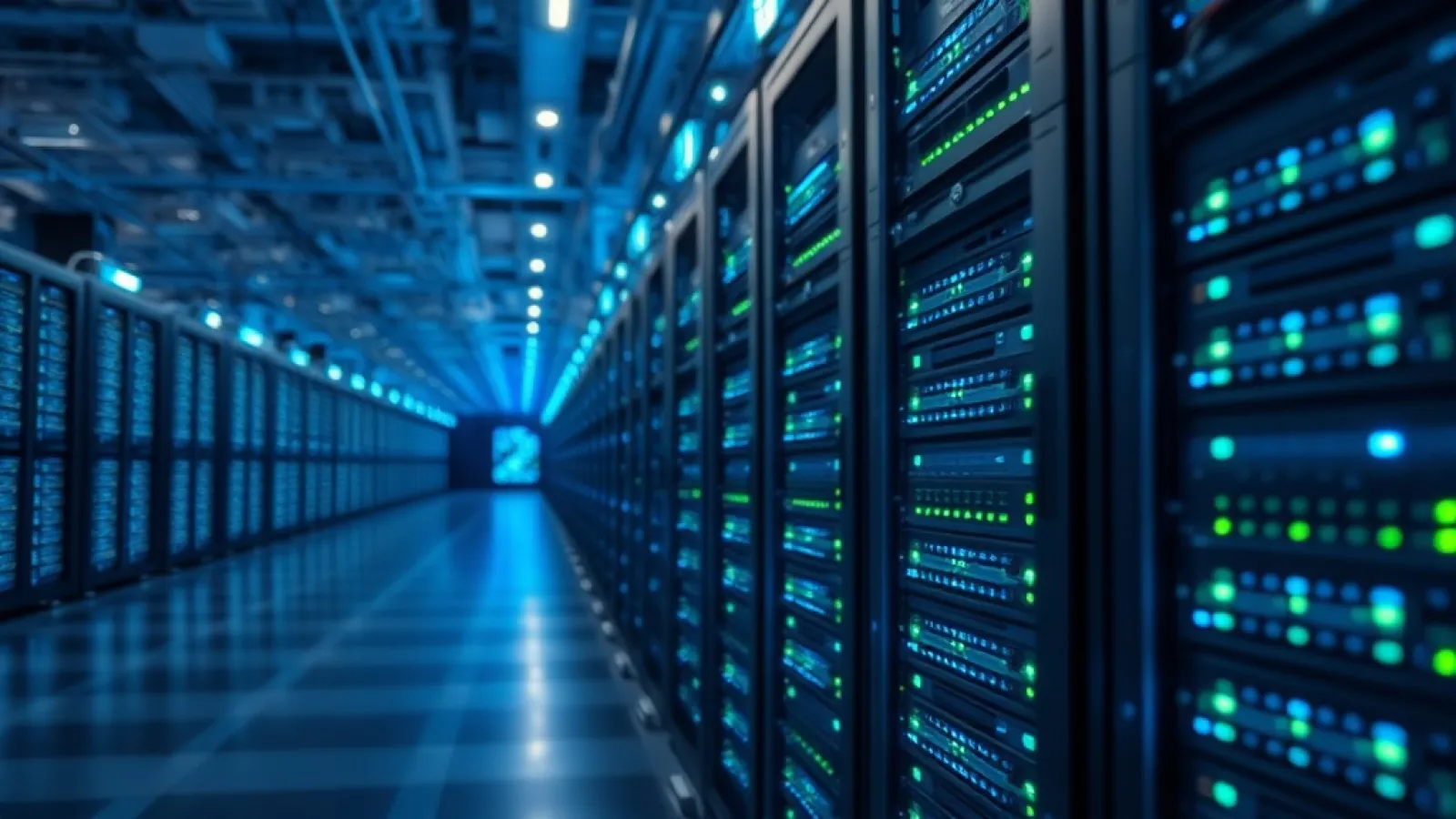 Büyük veri merkezinde binlerce Nvidia GPU'nun sıralandığı, ışıklar yanan ve soğutma sistemlerinin çalıştığı endüstriyel bir y