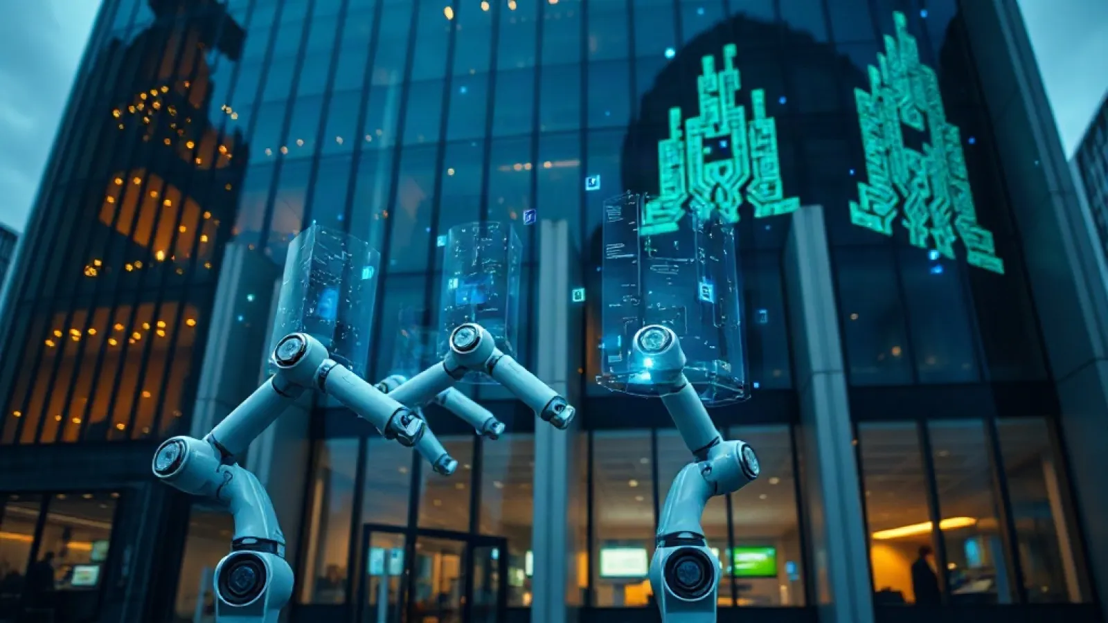 Endüstriyel robotik ve yapay zeka teknolojisini gösteren modern fabrika ortamında çalışan gelişmiş robotik kollar.