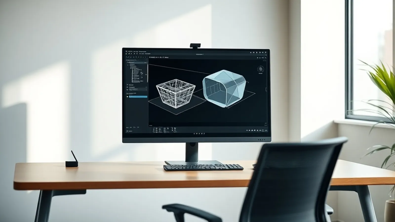 Meshy'nin AI 3D modelleme teknolojisini gösteren, dijital nesnelerin oluşturulmasını ve yapay zeka gücünü sembolize eden görs
