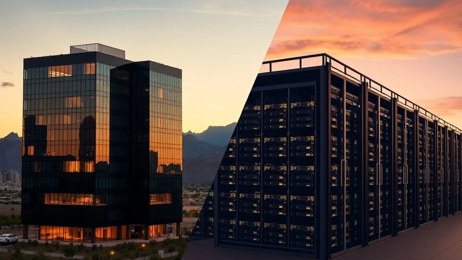 Meta ve BlackRock'ın El Paso'daki veri merkezi inşaat projesini gösteren modern mimari tasarım ve inşaat alanının görüntüsü.