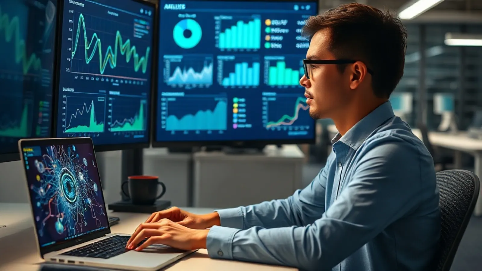 Microsoft'un AI araçlarının iş analitikleri ve verimlilik özelliklerini gösteren, teknoloji ve veri görselleştirmesi içeren b