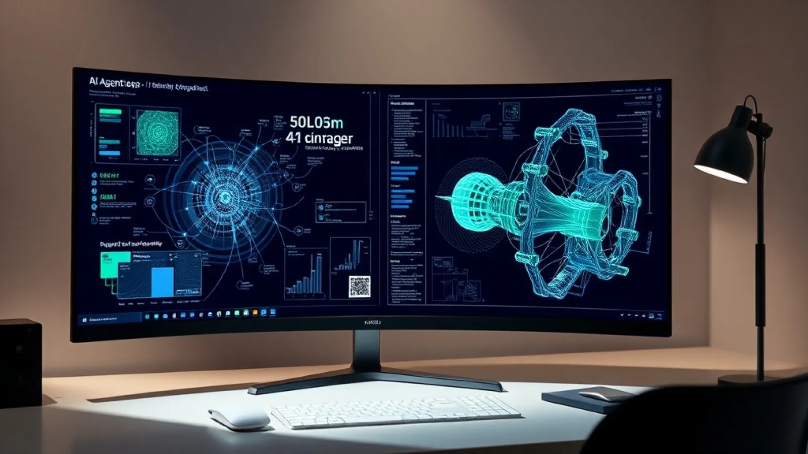 NVIDIA'nın yapay zeka araçlarının ve fizik simülasyon teknolojilerinin entegrasyonunu gösteren teknoloji ürünleri ve kod ekra