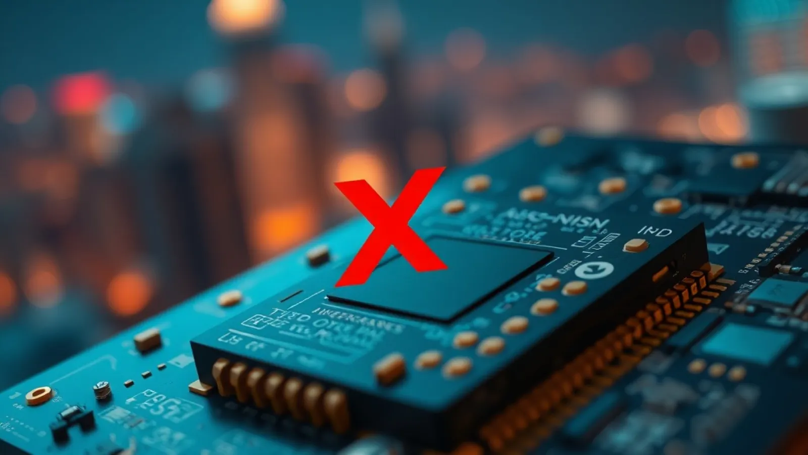 NVIDIA'nın yapay zeka çipleri ile Çin'e yönelik ihracat kısıtlamalarını gösteren, ABD bayrağı ve engel sembolü içeren görsel.