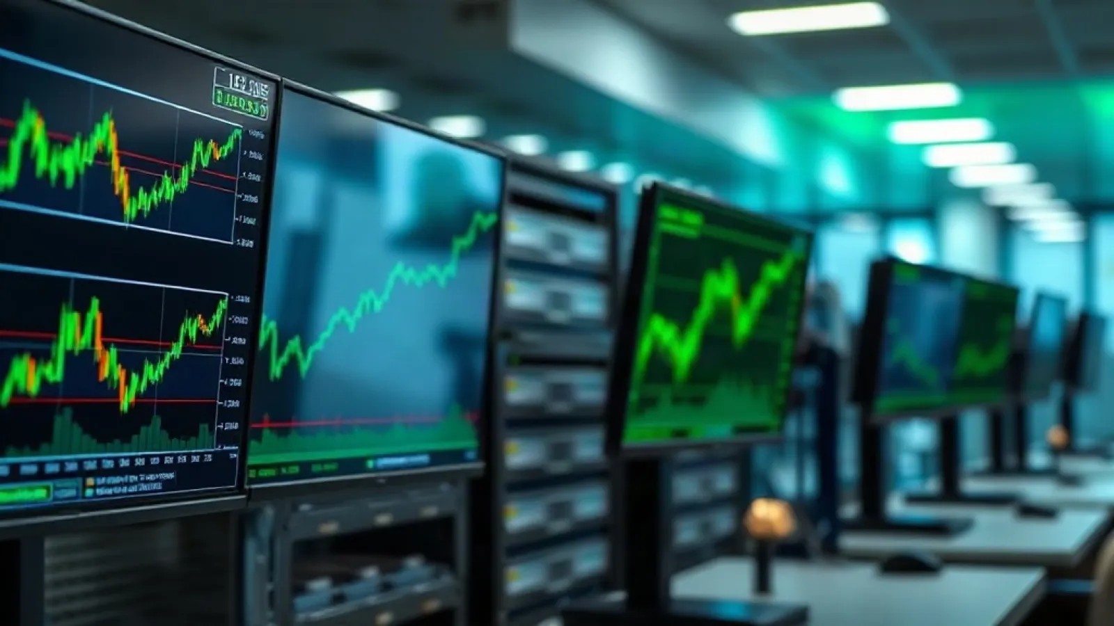 Nvidia'nın GPU'ları ve AI çiplerinin etrafında toplanan teknoloji yatırımcıları ve grafikleri gösteren finans panosu görseli.