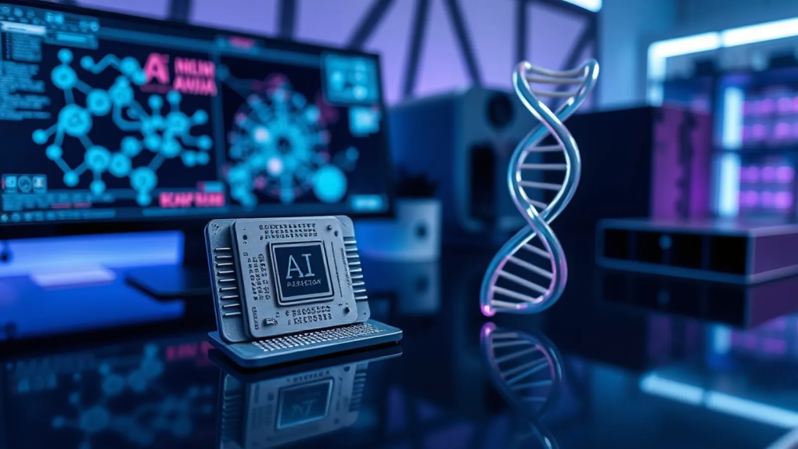 Nvidia'nın yapay zeka teknolojisinin biyomedikal araştırma ve ilaç geliştirme alanında uygulanmasını gösteren görsel.