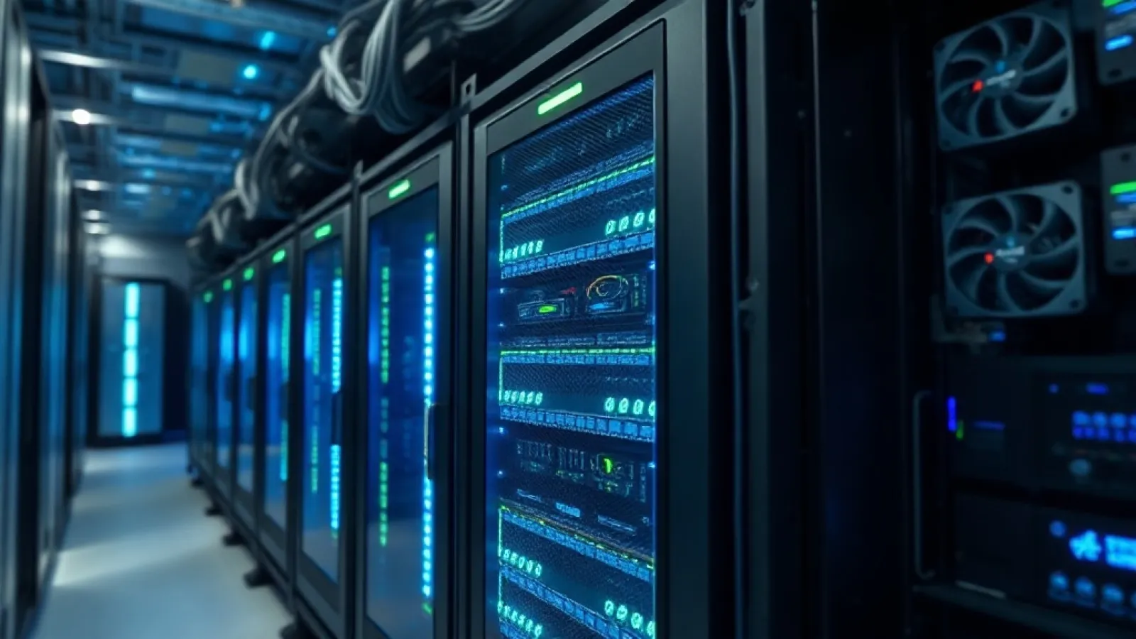 Nvidia'nın hızlı ve verimli yapay zeka modelini temsil eden teknolojik bir görsel, bilgisayar işlemcileri ve dijital ağları s