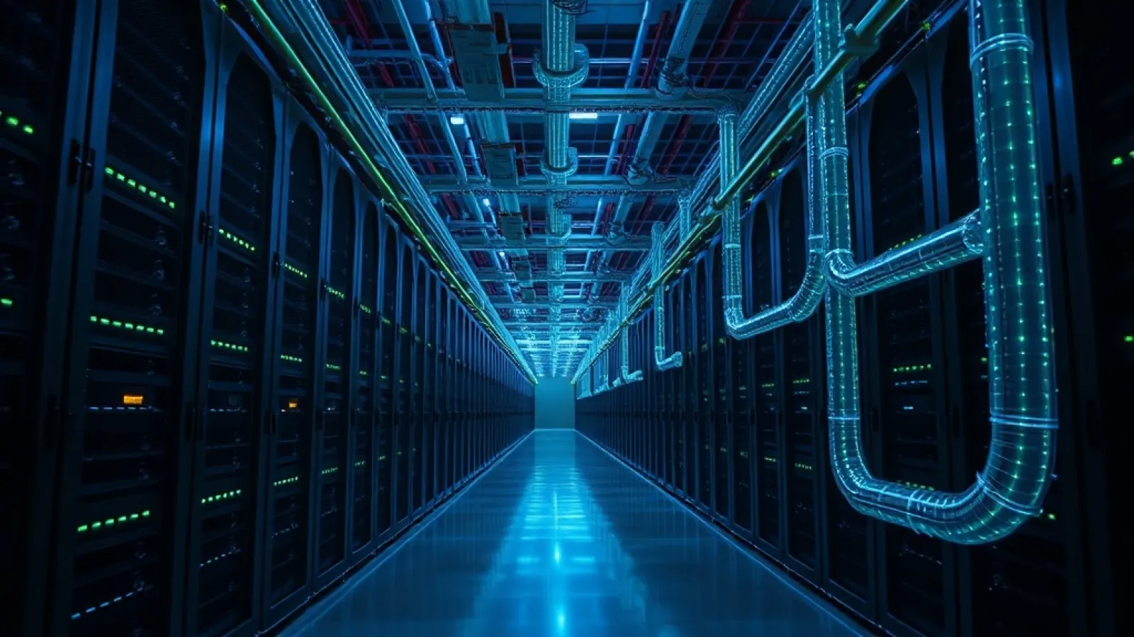 Nvidia sunucularında sıcak su soğutma sisteminin borularını ve ısı değiştiricilerini gösteren teknik altyapı görseli.