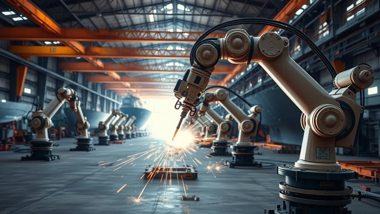 Gemi inşa alanında çalışan, yapay zeka ile donatılmış endüstriyel robotların çelik parçaları kaynaklaması veya montajlaması.