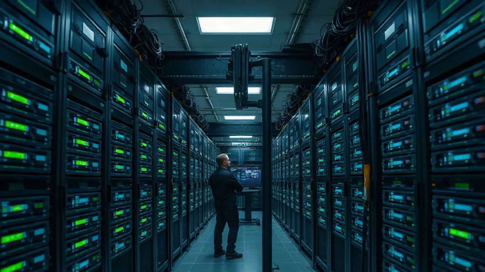 Nvidia ve Stripe'ın yapay zeka şirketlerini satın alması sırasında bilgisayar sunucuları ve veri merkezlerinin gösterildiği b