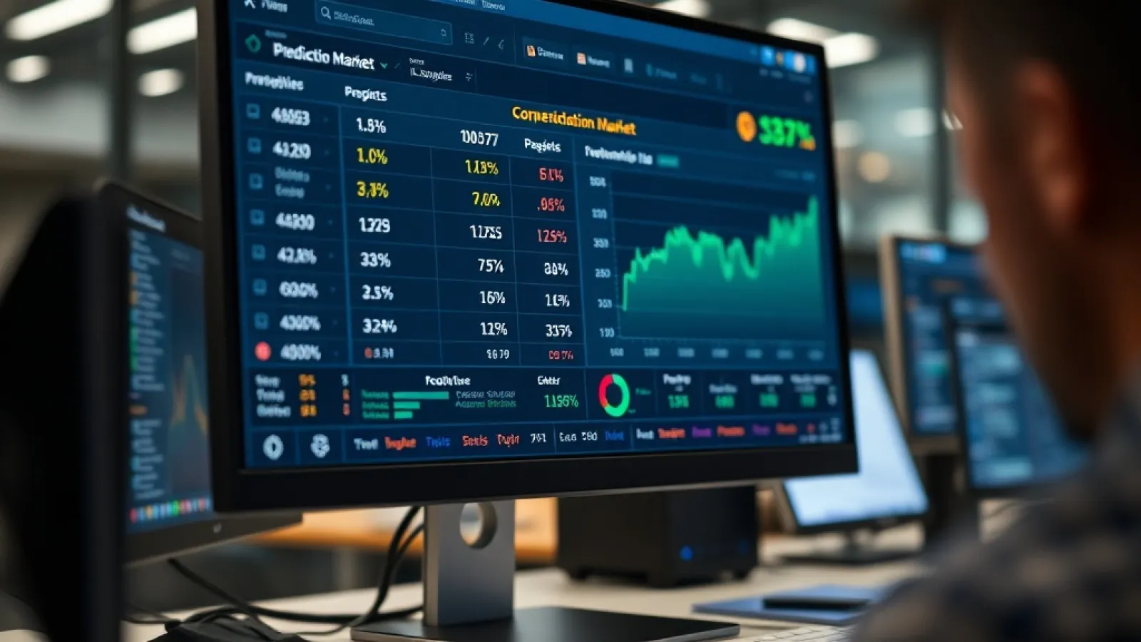 Bilgisayar ekranında OpenAI ve Anthropic logoları ile finansal grafikleri gösteren bir tahmin piyasası arayüzü.