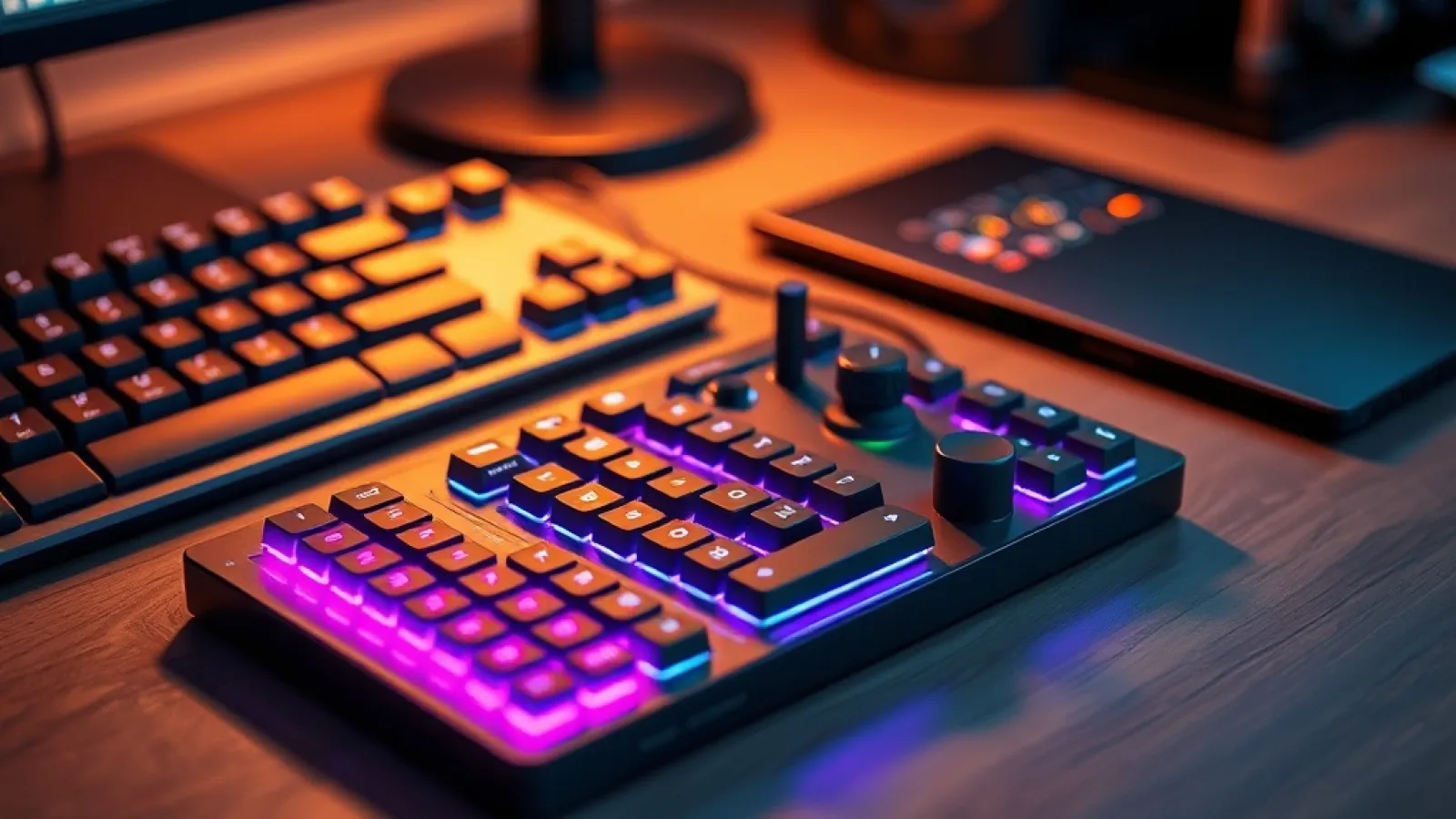 AI ajanlarını kontrol etmek için tasarlanmış, fiziksel tuşlara sahip kompakt bir makro pad cihazinin ürün görseli.