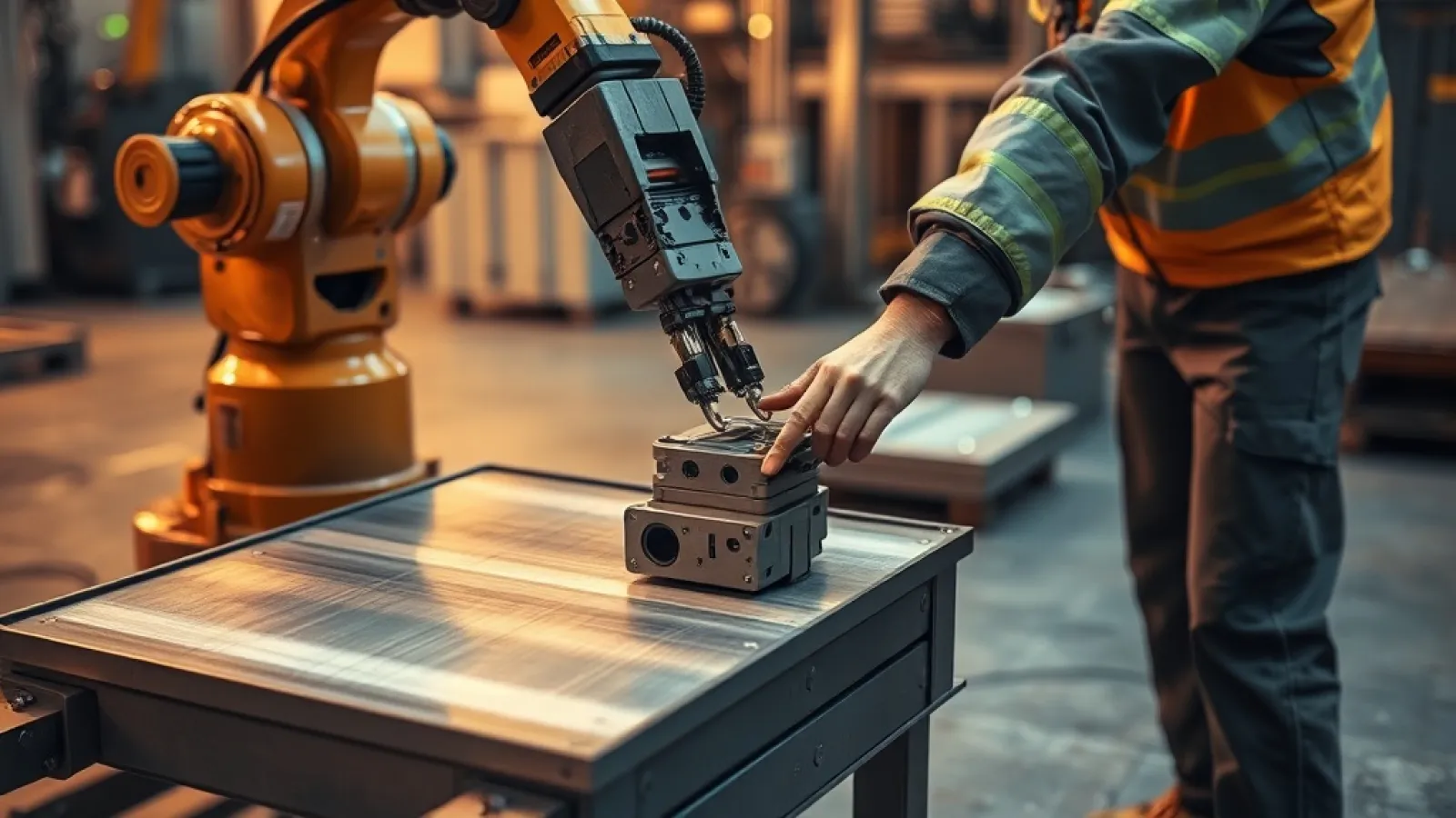 Endüstriyel robot kollarının gösterim yoluyla hareket öğrendiği ve programlandığı bir fabrika ortamının görsel gösterimi.